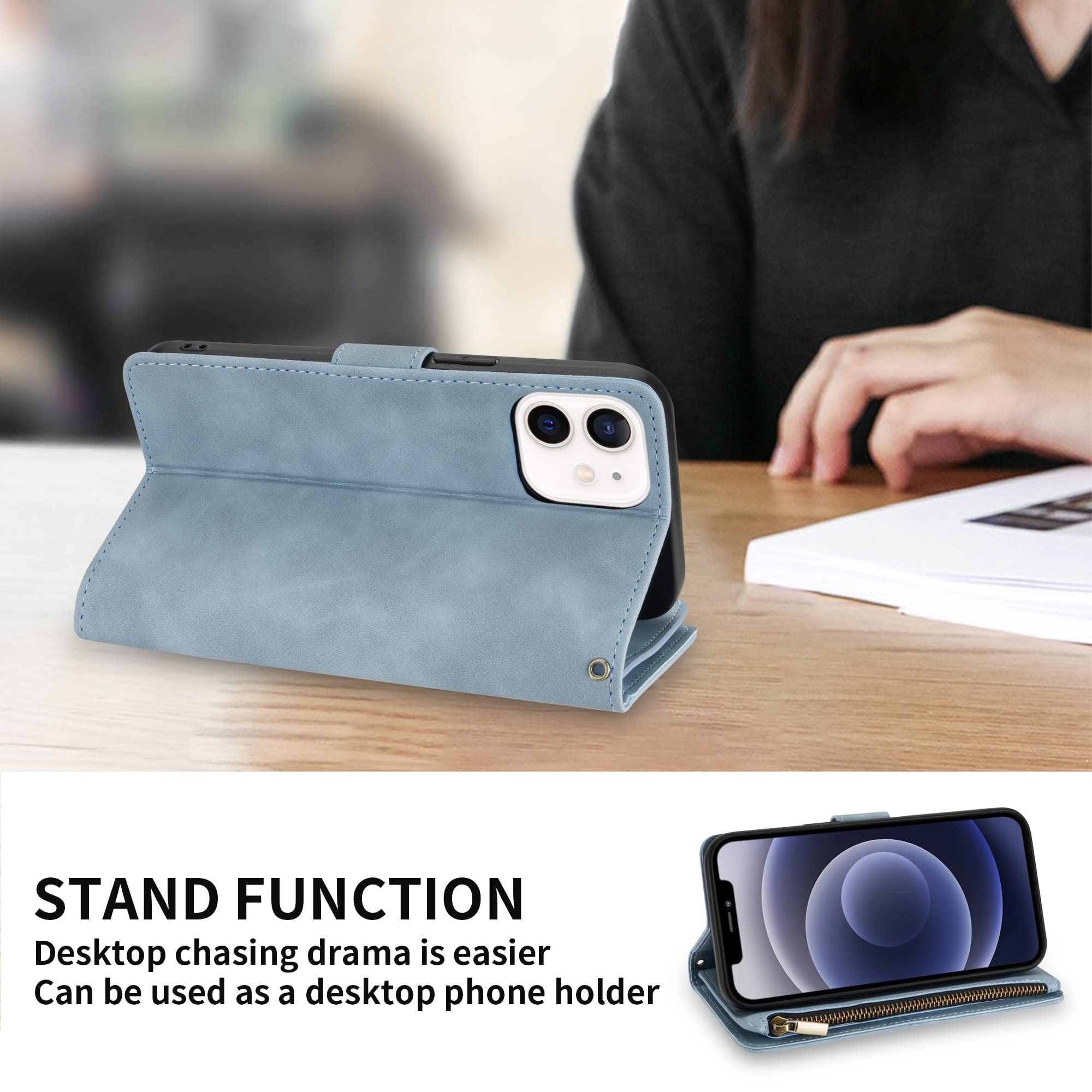 Premium Soft PU Leather Zipper Folio Wallet Case for iPhone 12/12 Pro (6.1 inch) - Card Slots, Wrist Strap & Kickstand | Light Blue | Business, Travel & Everyday Protection