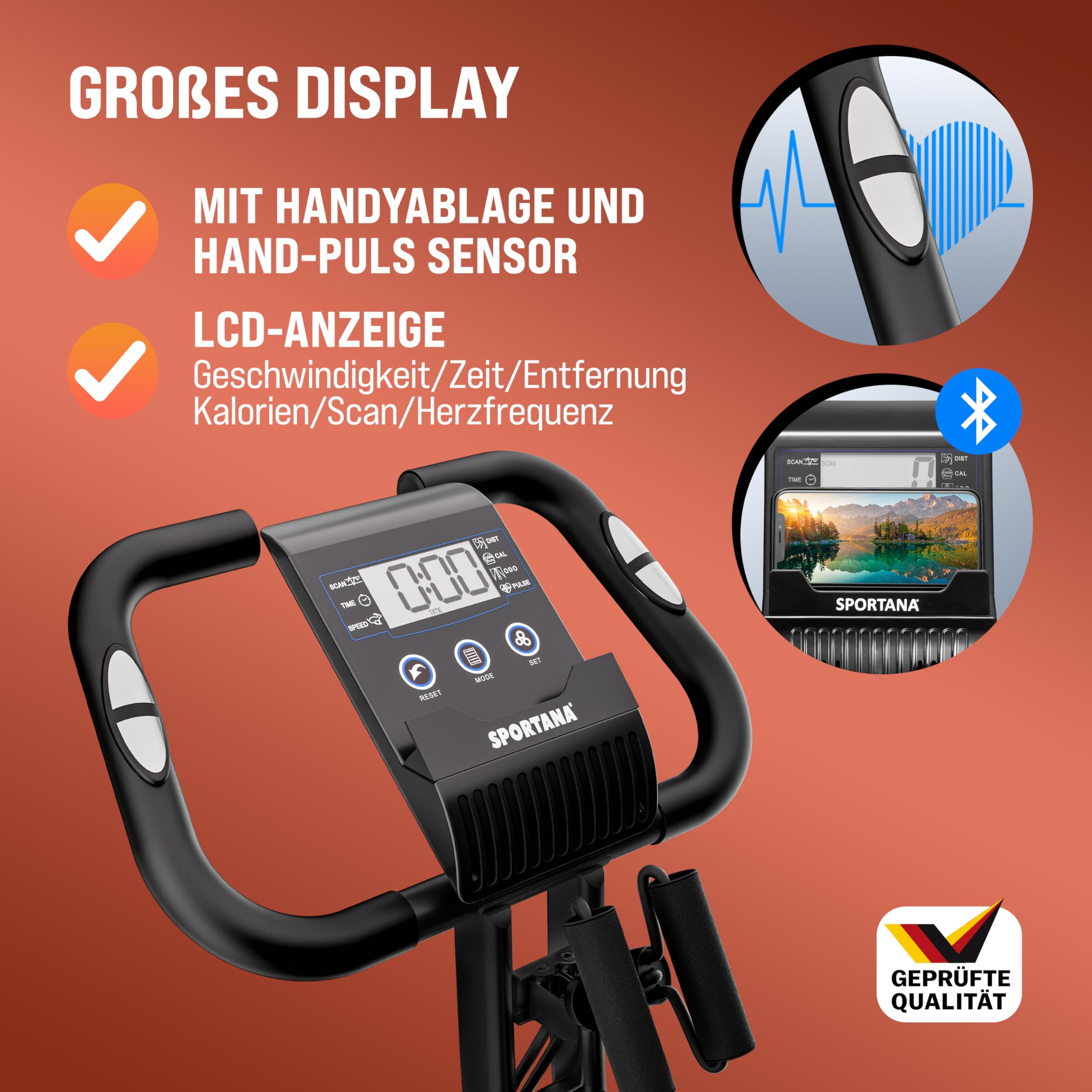 SPORTANA® Foldable Exercise Bike for Home Gym - 140KG Weight Capacity, 7 Seat Heights, LCD Display, Training APP, 2 Resistance Bands - 4-in-1 Cardio Machine for Indoor Cycling & Full-Body Workout (Ideal for Small Spaces, Home Fitness & Apartment Workouts)