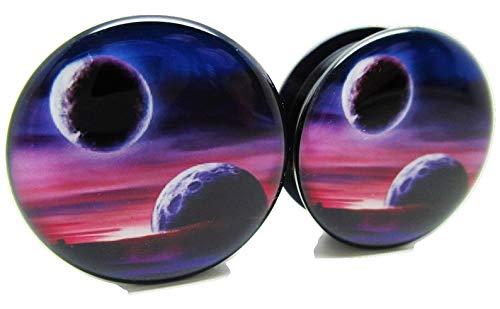 Purple Planets & Moon Acrylic Screw-On Ear Plugs - 12 Sizes (1 Pair) - Hypoallergenic Fashion Ear Accessories for Concerts, Sleeping & Daily Wear