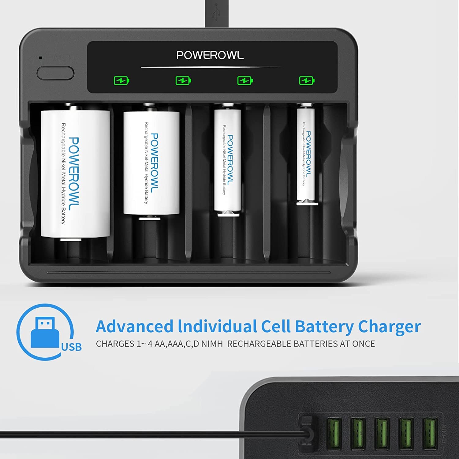 POWEROWL 4 Bay USB Rechargeable D Batteries with Charger - Quick Charge for AA AAA C D Ni-MH Batteries (4-Pack) - Ideal for Flashlights, Toys, Cameras & Emergency Power Backup