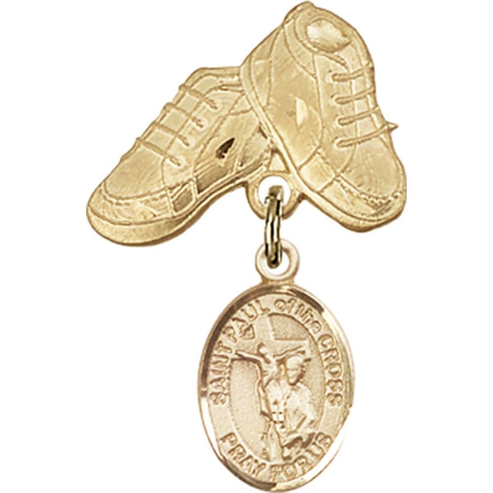 Gold Filled Baby Badge with St. Paul of The Cross Charm & Baby Boots Pin - 1 x 5/8 Inch - Perfect for Christening Gifts, Baby Showers & First Communion Keepsakes