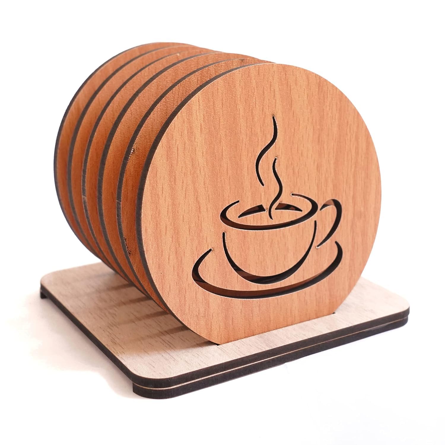 KERMIS Wooden Coaster Set of 6 with Stand - Absorbent Drink Coasters for Coffee, Tea & Glasses - Protects Furniture from Water Rings & Stains - Perfect Dining Table Decor & Housewarming Gift (9.5 x 9.5 cm) - Ideal for Home, Office, Restaurants & Coffee Shops