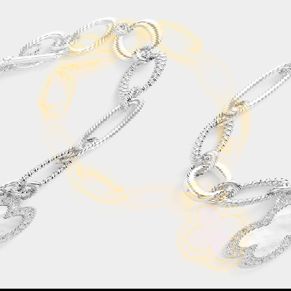 14K Gold Plated CZ Stone & Mother of Pearl Quatrefoil Charm Toggle Bracelet - Elegant Textured Metal Jewelry for Women, Perfect for Parties, Weddings & Everyday Wear