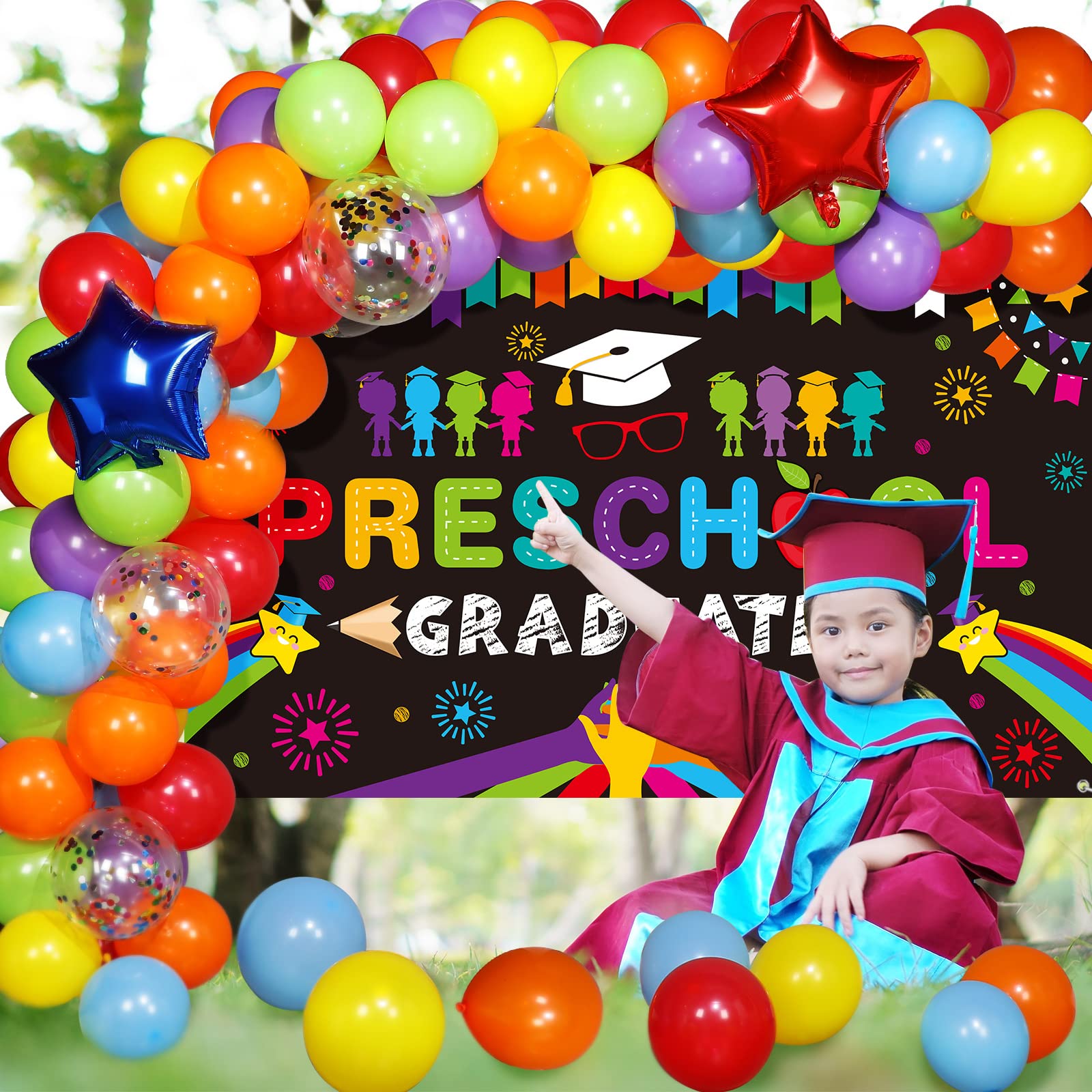 Oudain 2025 Preschool Graduation Party Decorations Kit - Includes Kindergarten Graduation Backdrop & Balloon Garland for Pre-Elementary Celebration - Perfect for Classroom Decorations, Graduation Ceremonies & Photo Booths (Black)