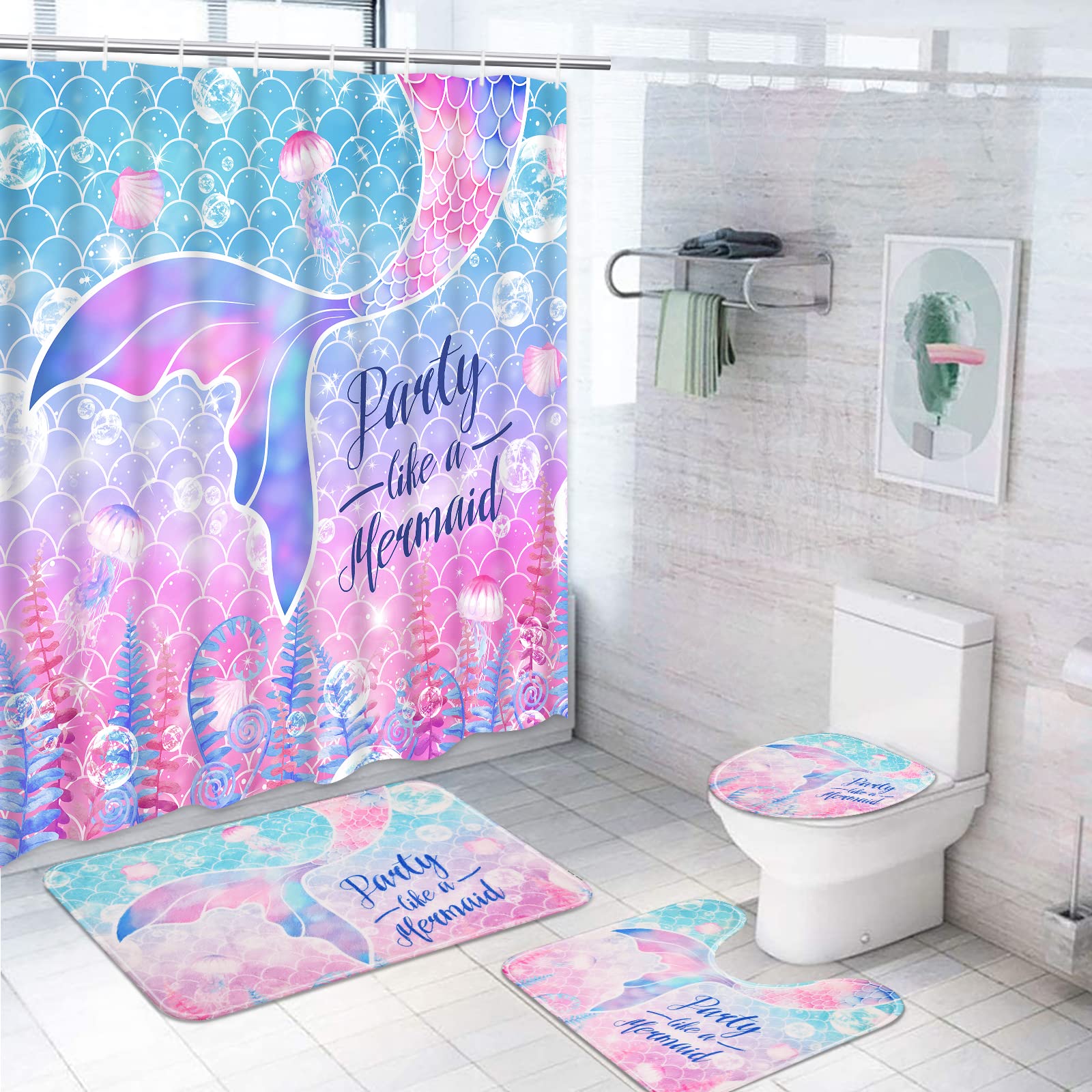4-Piece Mermaid Shower Curtain Set with Non-Slip Bath Rug, Toilet Cover & Mat - Pink Ocean Theme Bathroom Decor for Girls - Includes 12 Hooks - Perfect for Kids' Bathrooms, Beach-Themed Decor & Mermaid Lovers