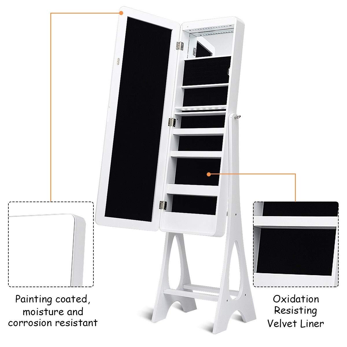 WATERJOY Jewelry Armoire with LED Mirror - Free Standing Jewelry Cabinet Organizer with Lights, White - Perfect for Bedroom, Closet & Dressing Room Organization