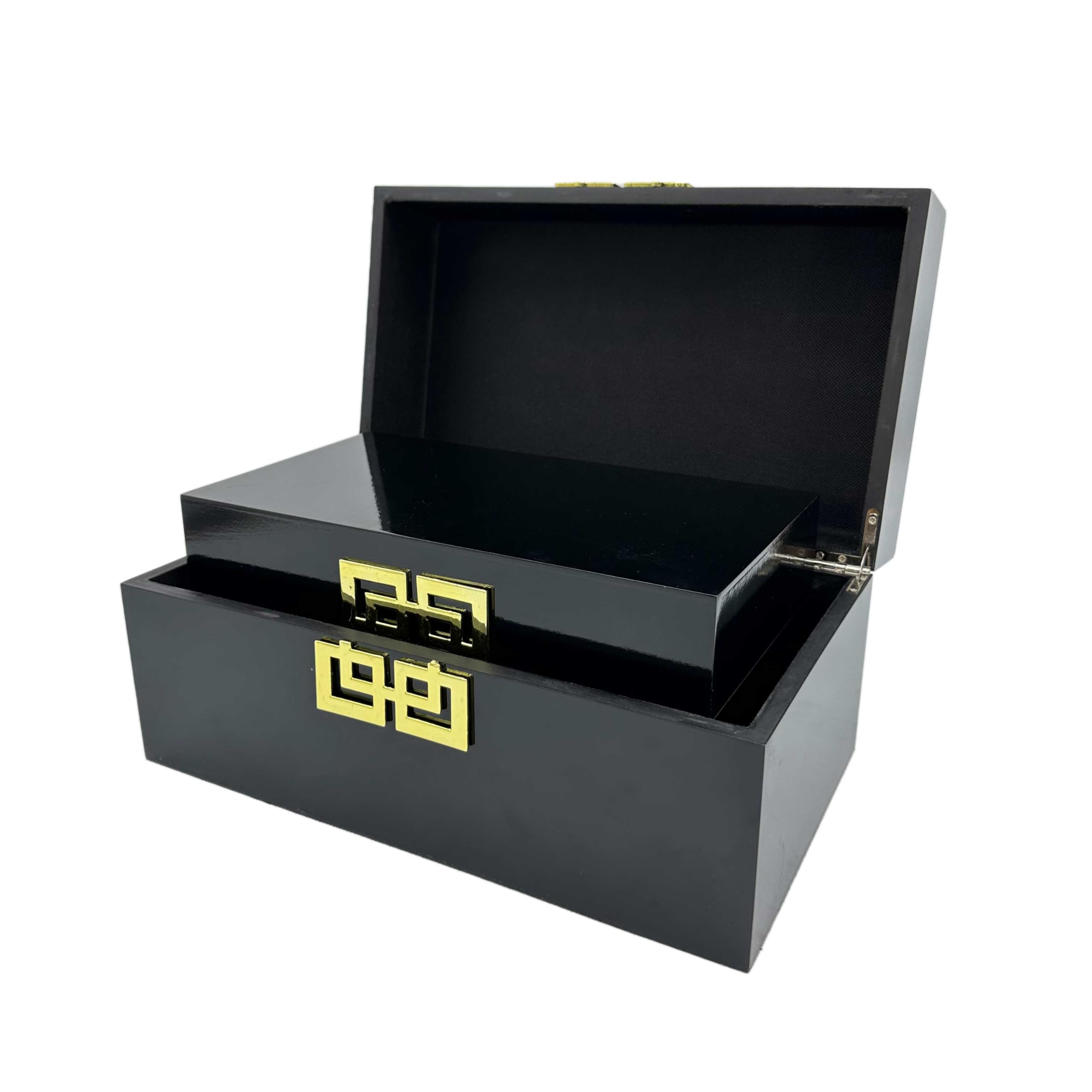 Decorative Wood Storage Box Set with Hinged Lid & Geometric Clasp - Classic Black & Gold Home Decor for Bedroom, Living Room & Office - Set of 2 (Perfect for Jewelry, Keepsakes & Home Organization)