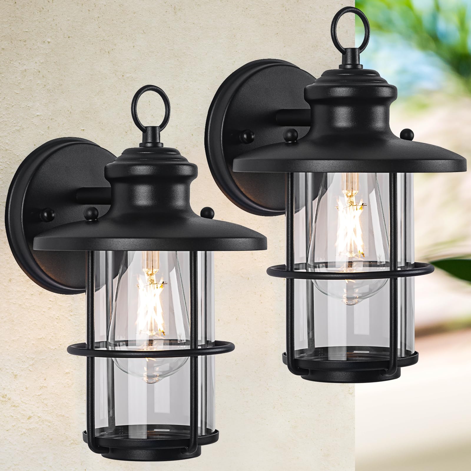 2 Pack Outdoor Wall Sconce Lights - Waterproof Exterior Light Fixtures with Clear Glass Shade, Rust-Resistant Porch Lighting (E26 Base) - Perfect for Patio, Garden, Deck & Entryway Lighting