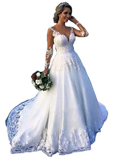 Elegant Rmaytiked Women's Illusion Wedding Dress 2021 – Long Sleeve Lace Tulle Bridal Ball Gown for Bride | Perfect for Church, Beach & Formal Weddings
