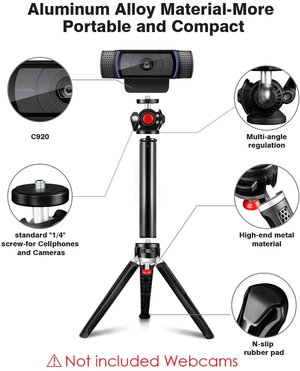 Adjustable Webcam Tripod Stand with Phone Holder - 3-Level Extendable Desktop Camera Mount, Ball Head & Lightweight Handle for Logitech C922/C920/BRIO - Perfect for Vlogging, Live Streaming & Zoom Meetings