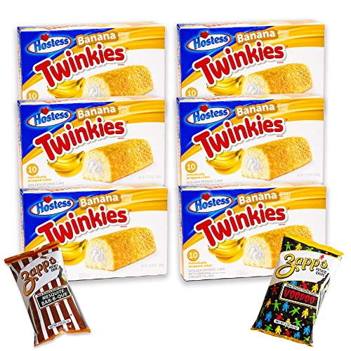 Hostess Banana Twinkies (60 Pack) - Cream Filled Snack Cakes | Zapp's Mesquite BBQ & Voodoo Kettle Chips Variety Pack (8 Items Total) - Perfect for Parties, Office Snacks & Road Trips