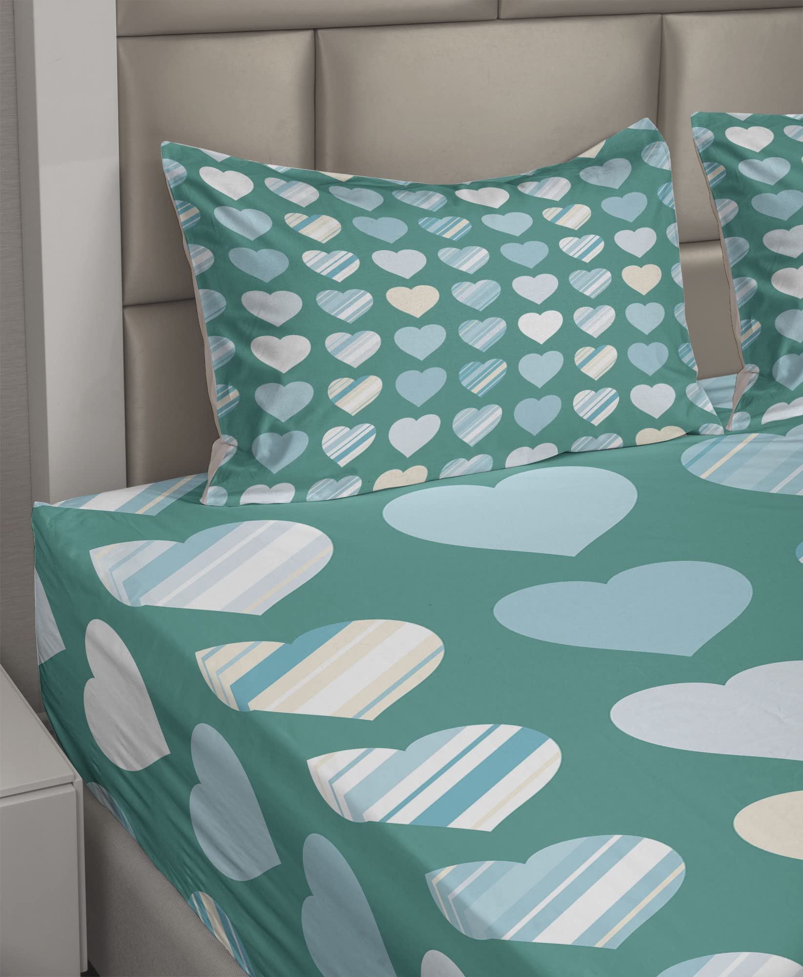 Ambesonne Romance 4-Piece Sheet Set - King Size, Jade Green Seafoam Cream with Heart Lovers Design, Fitted & Flat Sheets + Pillowcases | Soft Bedding for Couples, Valentine's Gift, Master Bedroom Decor