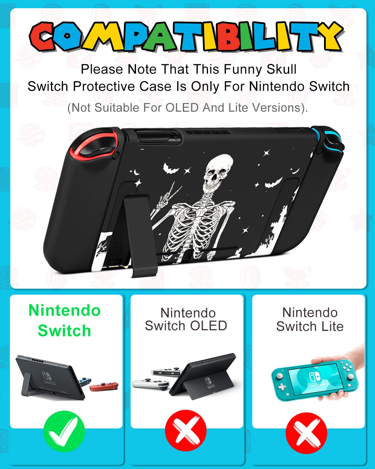 9-in-1 Skull Skeleton Nintendo Switch Case Bundle - Protective Carrying Case with Thumb Grips, Game Holder, Dockable Skin, Shoulder Strap & Stickers - Perfect for Travel, Gaming Parties & Switch Accessories Storage