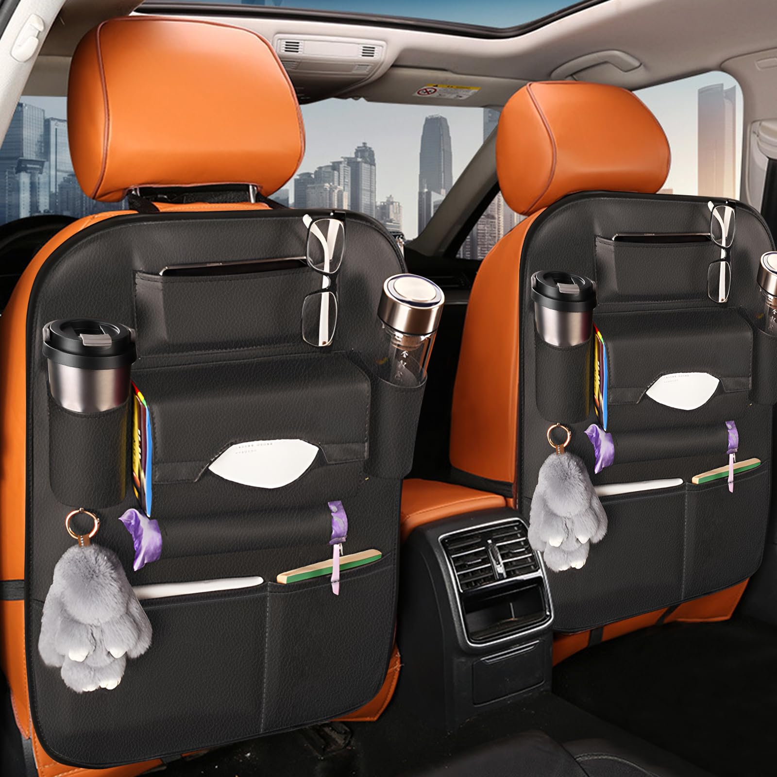 Premium Leather Car Seat Organizer with 7 Storage Pockets & Tablet Holder - Backseat Organizer for Kids, Kick Mats Protector - Perfect for Road Trips, Family Travel & Vehicle Organization