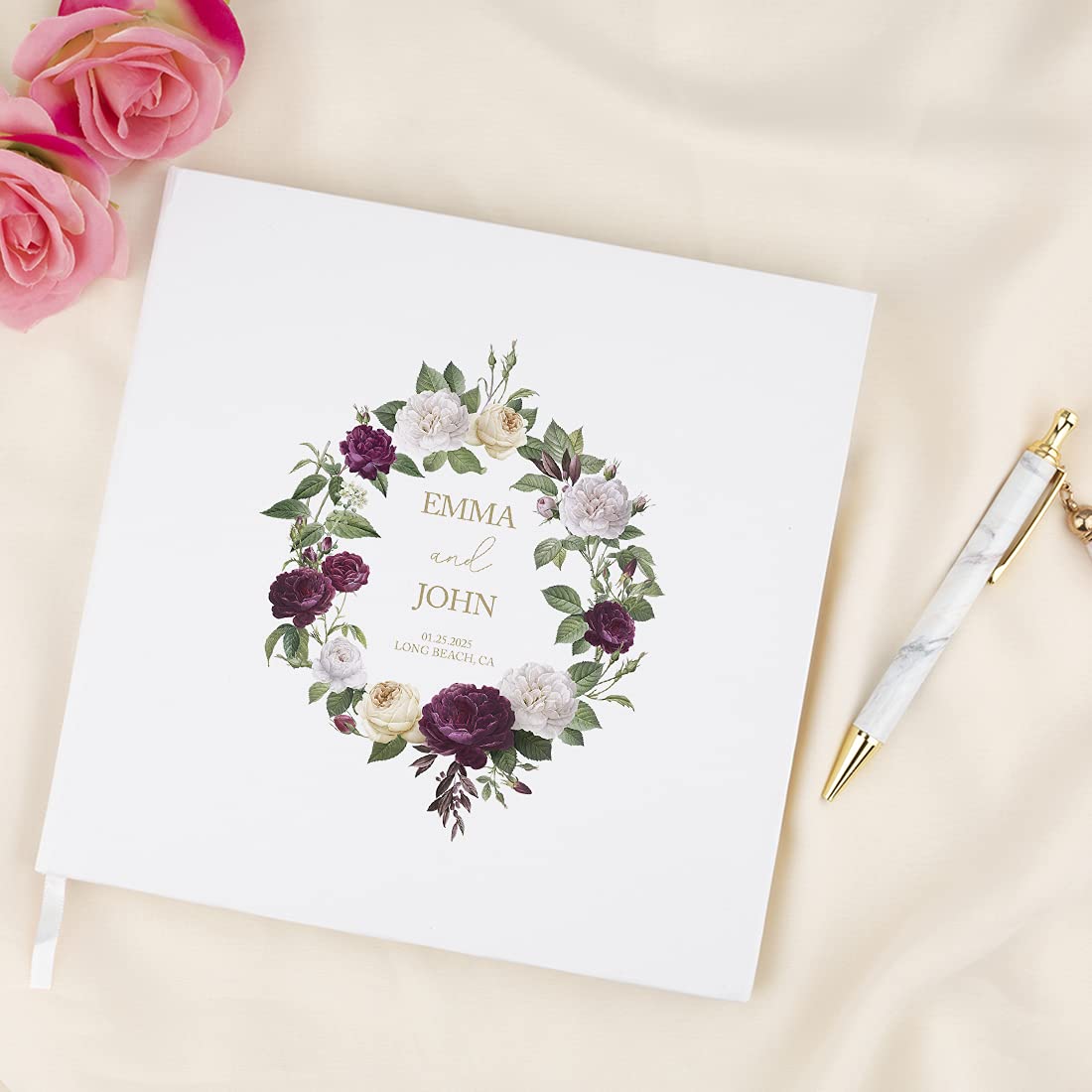Personalized Wedding Guestbook with Gold Accents - Burgundy Ivory Peonies Design - 120 Page 8.5x8.5 Guest Sign-in Registry Book for DIY, Scrapbooking & Photo Album - Perfect for Weddings, Anniversaries & Special Events