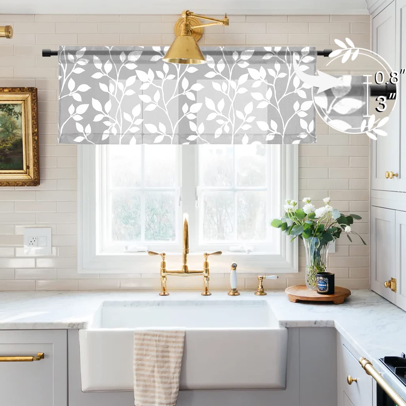 XTMYI 18 Inch Sheer Kitchen Curtain Valances Set - Tropical Leaf Design Rod Pocket Window Toppers for Living Room, Bedroom, Bathroom (Light Gray/White, Valance Only, 1 Pack) - Perfect for Small Windows & Coastal Decor