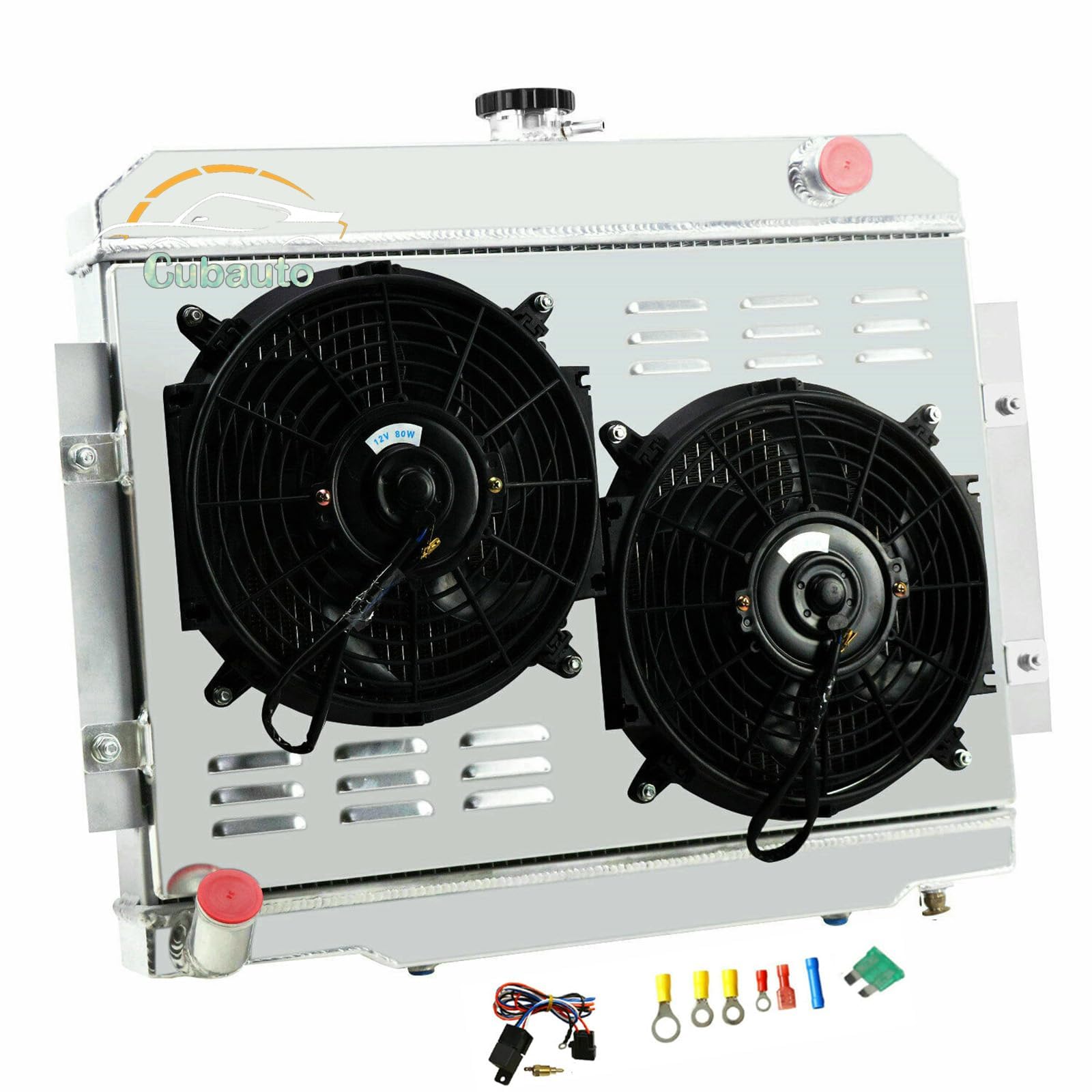 4 Row Aluminum Radiator with Shroud Fan & Relay for Jeep CJ5 CJ6 CJ7 Scrambler 3.8L 4.2L 5.0L I6 (1972-1986) - High Performance Cooling Upgrade for Off-Road & Classic Jeep Restoration