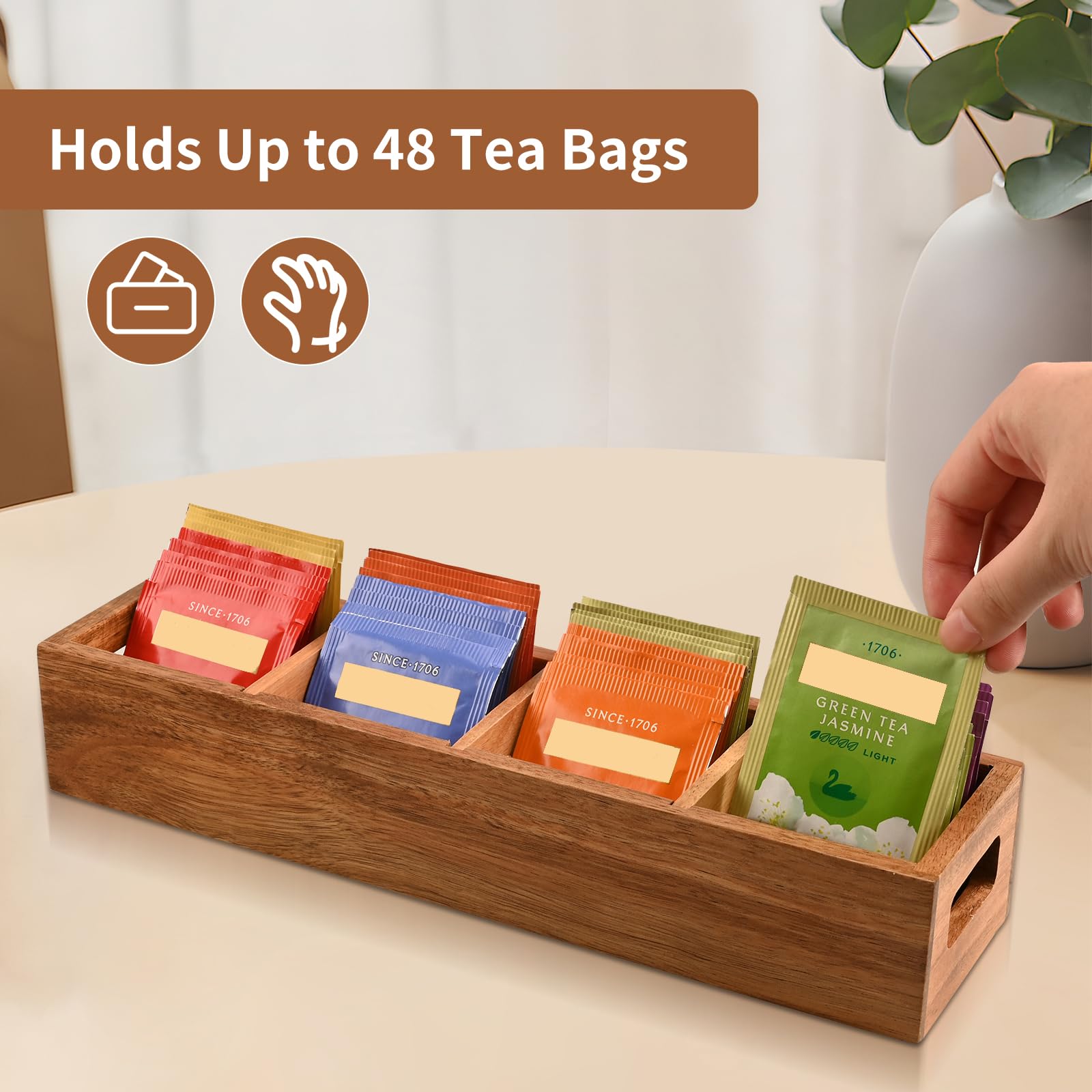 Premium Acacia Wood Tea Bag Organizer with 4 Slots - Elegant Tea Storage Holder for Tea Bags & Sugar Packets | Countertop Organizer for Kitchen, Office, or Dining Room