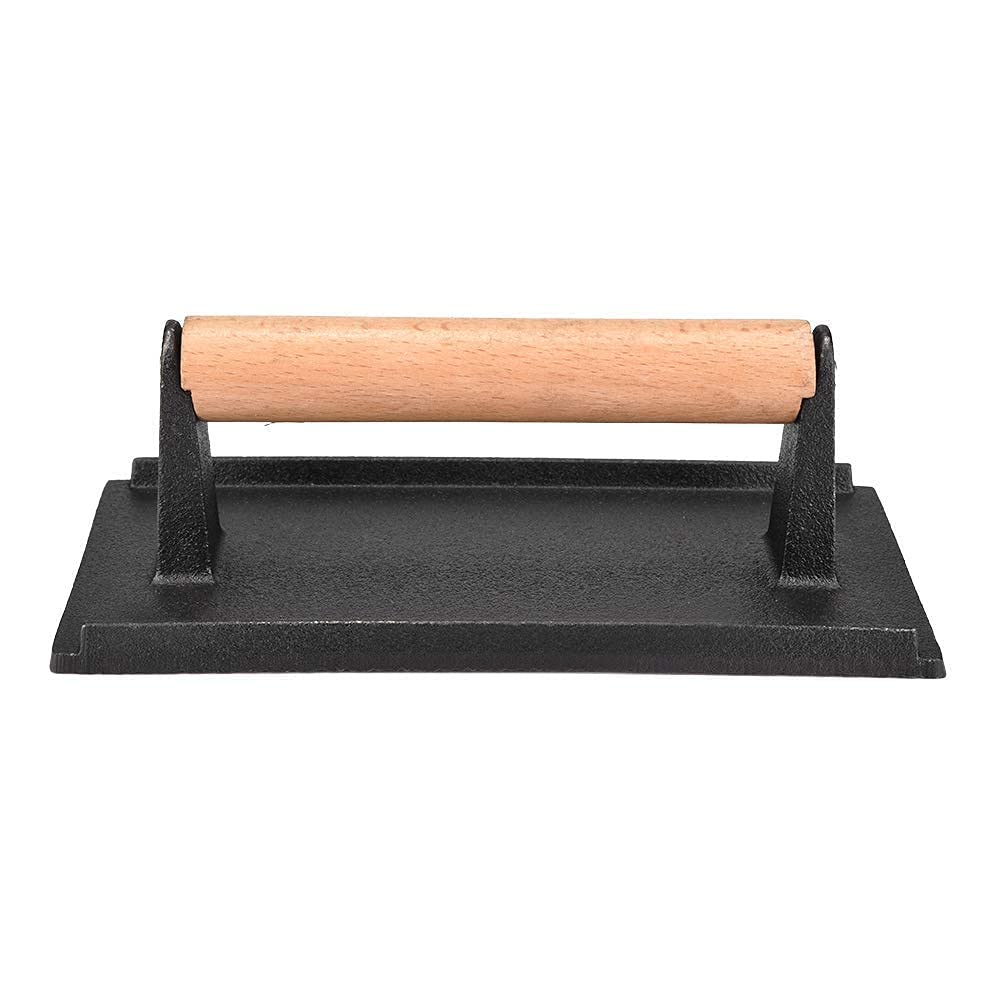 Heavy-Duty Cast Iron Grill Press - 8.1 x 4.1 x 2.8 Inch Non-Stick Steak & Bacon Press with Wooden Handle - Perfect for Hamburgers, Sandwiches & BBQ - Ideal for Grilling, Panini Pressing & Patty Making