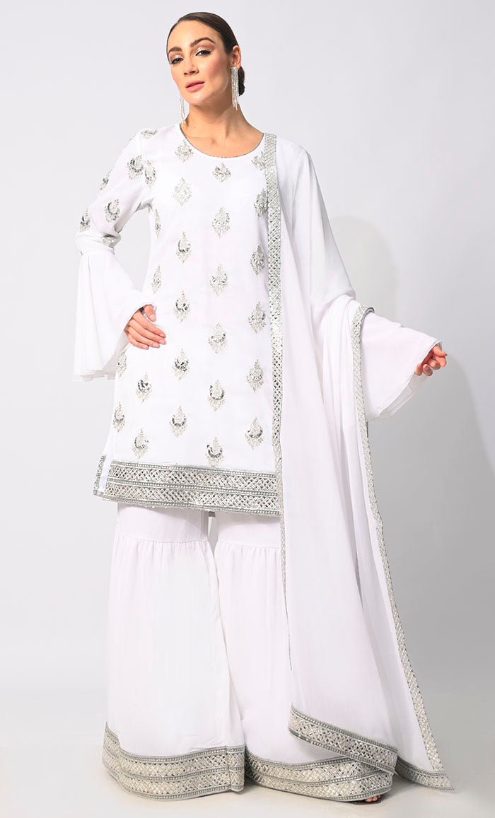 Elegant 3-Piece Grey Garara Set with Dupatta & Bell Sleeves for Eid Celebration - Perfect for Festivals, Weddings & Special Occasions