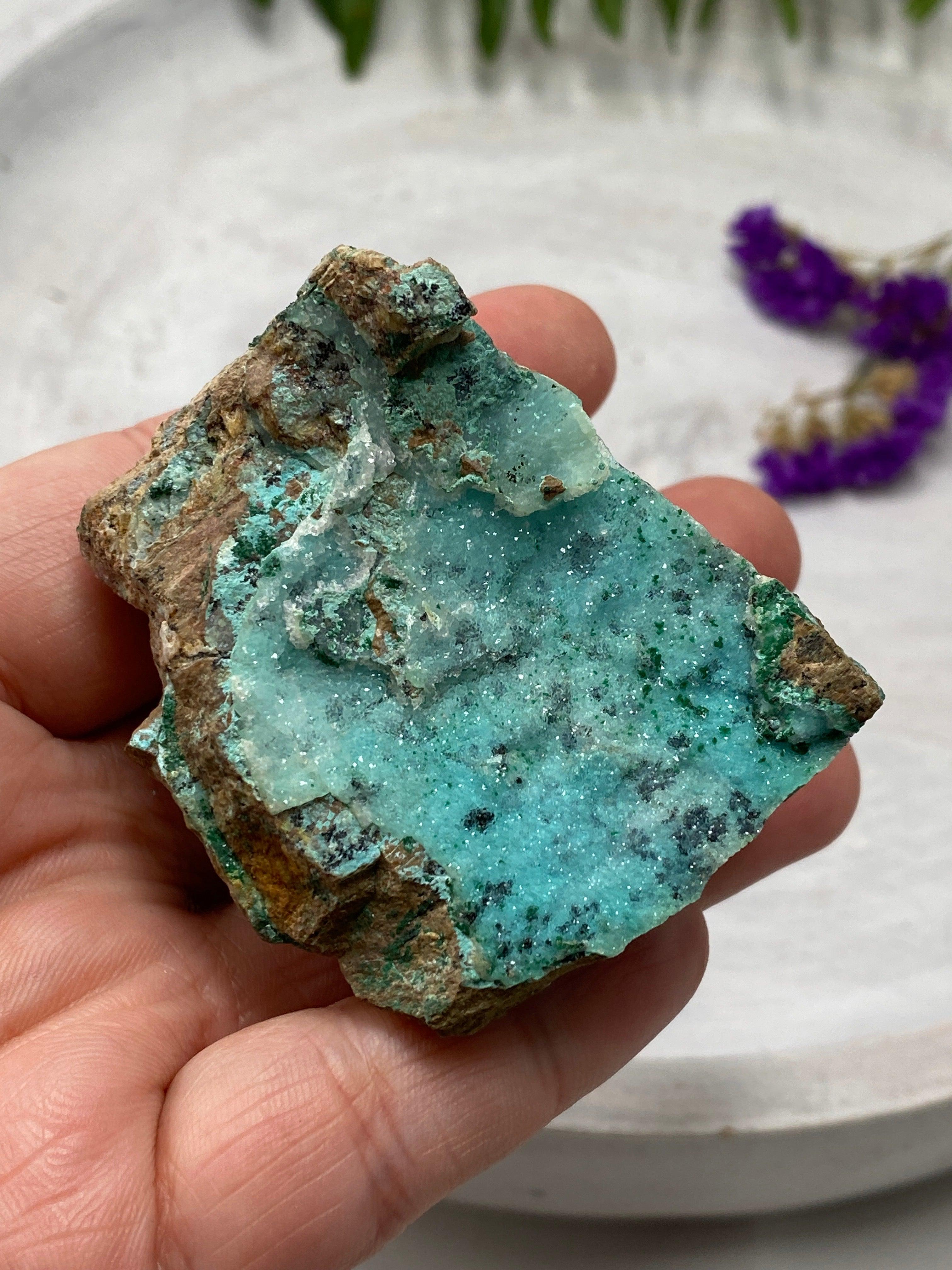 Drusi Coated Chrysocolla Malachite Dolomite CR3268 - Natural Healing Crystal for Meditation, Energy Work & Home Decor