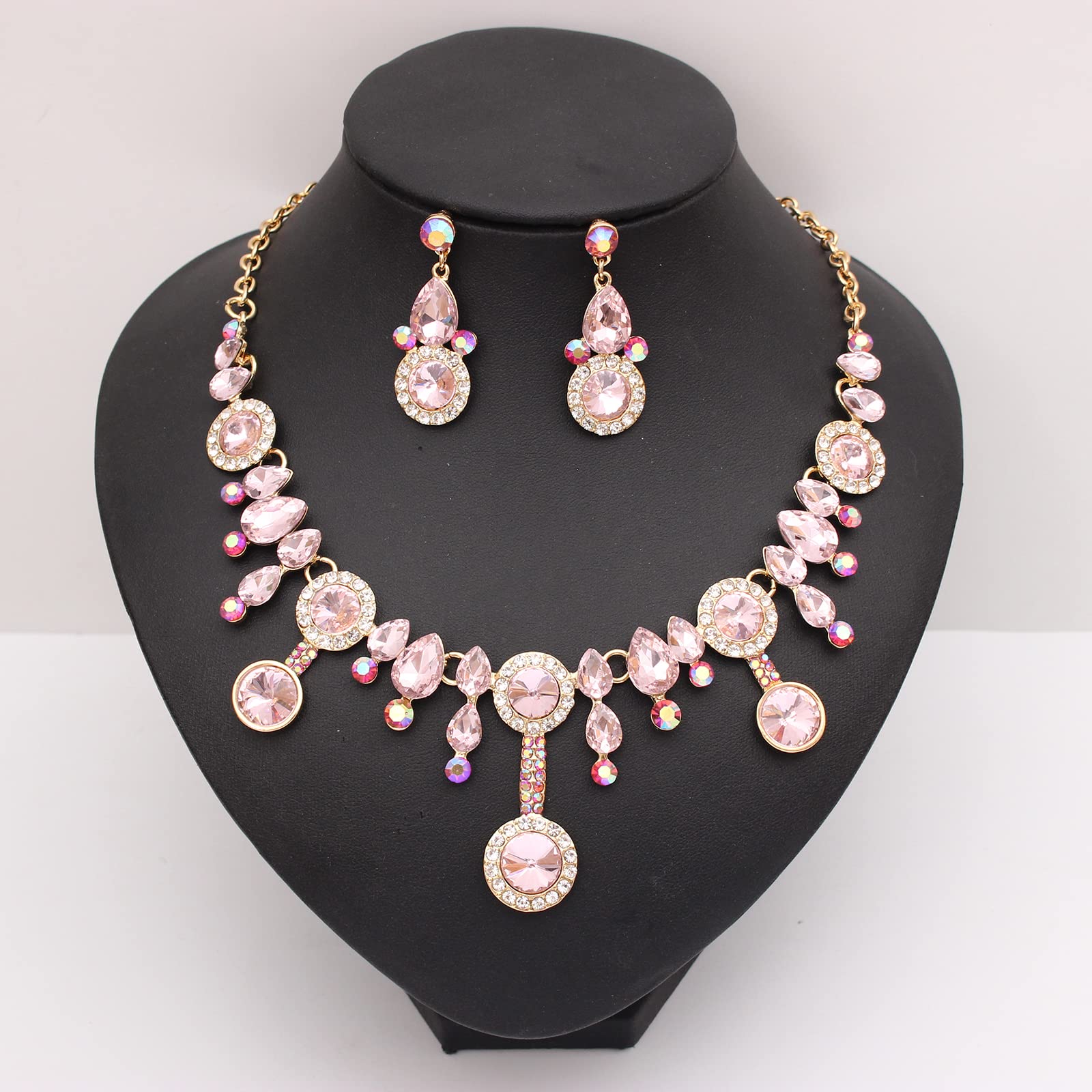Elegant Rhinestone Crystal Teardrop Statement Necklace & Dangle Earrings Set for Women | Fashion Costume Jewelry Gift | Perfect for Parties, Weddings & Evening Events