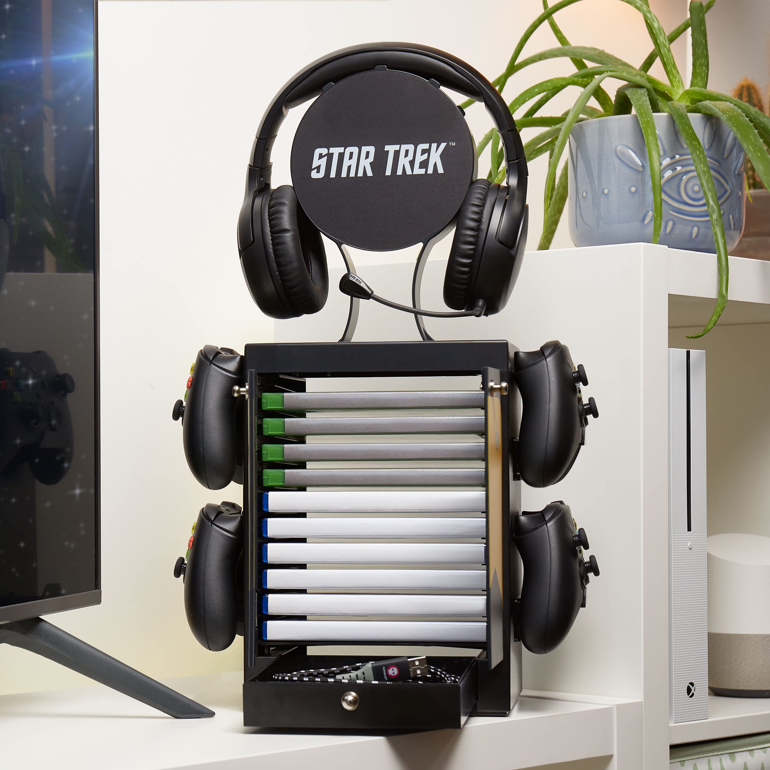Numskull Official Star Trek Gaming Storage Stand – Holds 10 Games/DVDs, 4 Controllers & Headset – Durable Compact Organizer – Perfect for Gamers & Collectors – Great for Bedroom, Game Room or Office Organization