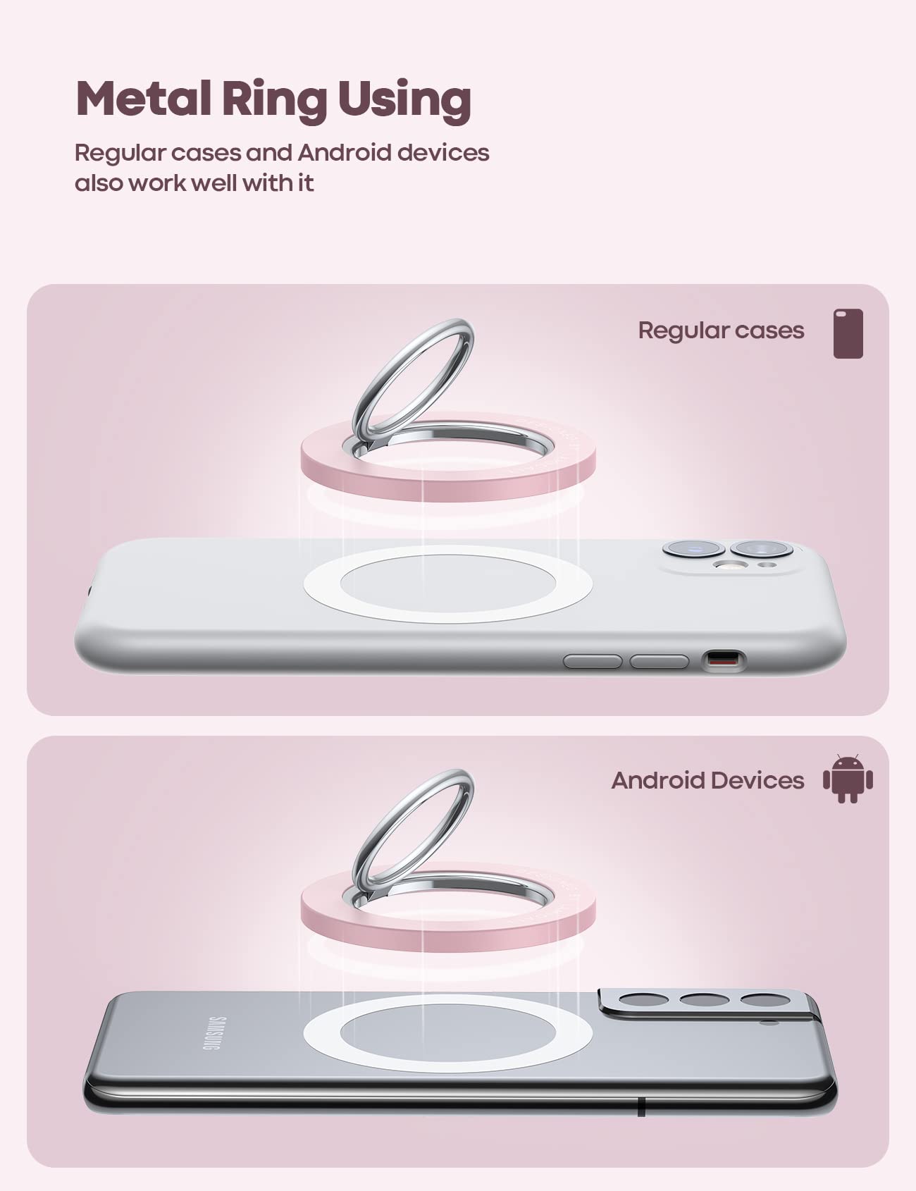 Lamicall Magnetic Phone Ring Holder for Magsafe - Wireless Charger Compatible Phone Grip Stand for iPhone & Android, Strong Magnet Phone Ring Stand for Magsafe Accessories (Pink) - Perfect for Hands-Free Viewing, Secure Grip & Wireless Charging