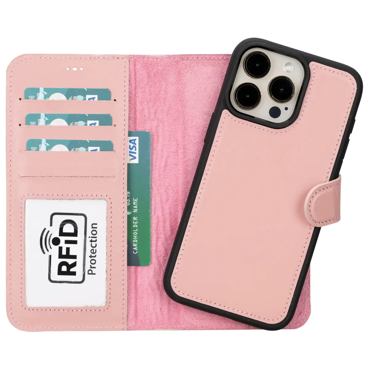 Pink Leather Wallet Case for iPhone 15 Pro Max - Slim RFID Blocking Phone Cover with Card Holder - Perfect for Women's Fashion & Everyday Use
