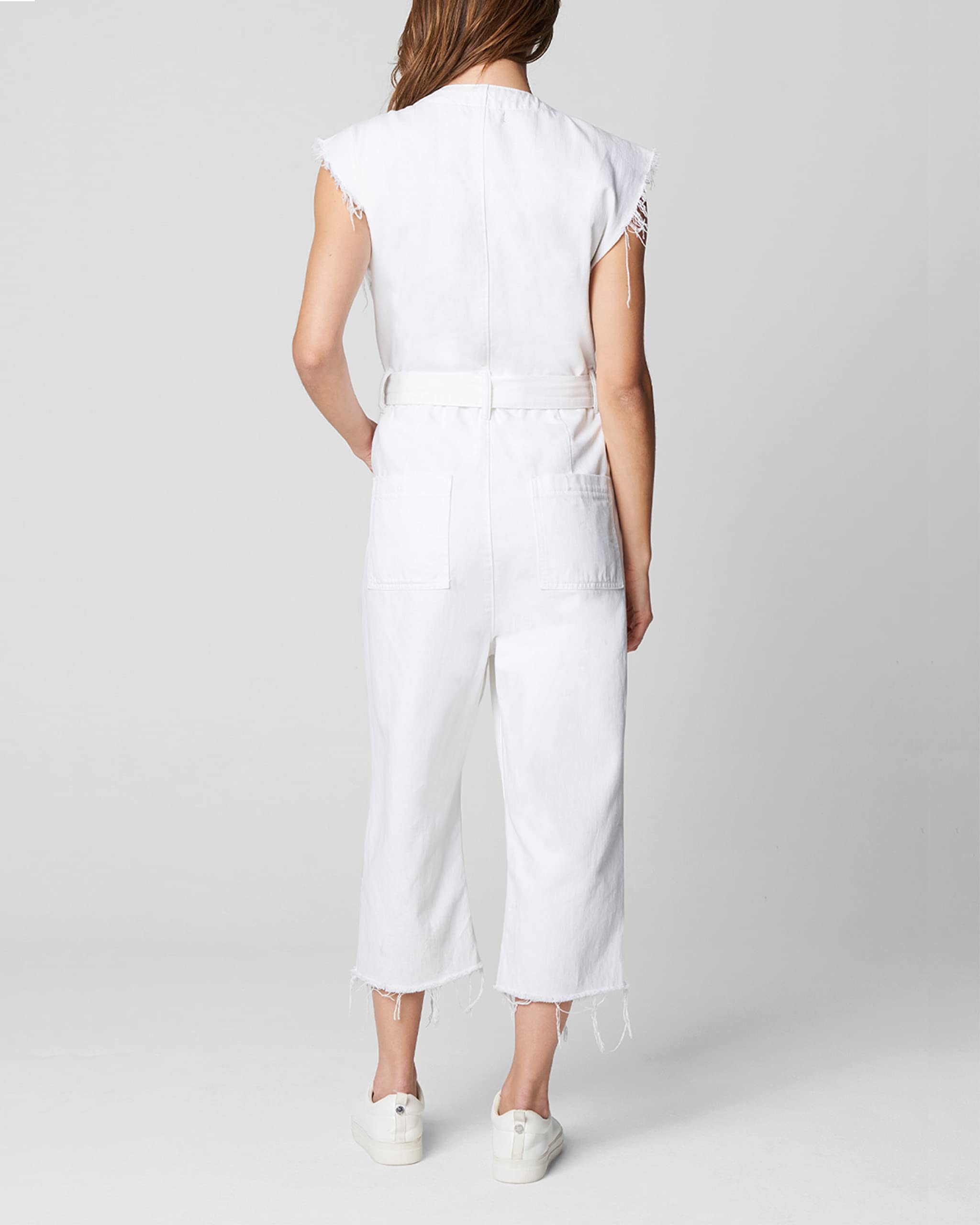 BLANKNYC Women's Sleeveless Belted White Denim Jumpsuit - Stylish Designer Romper for Summer Outfits, Casual Wear & Beach Vacation Fashion