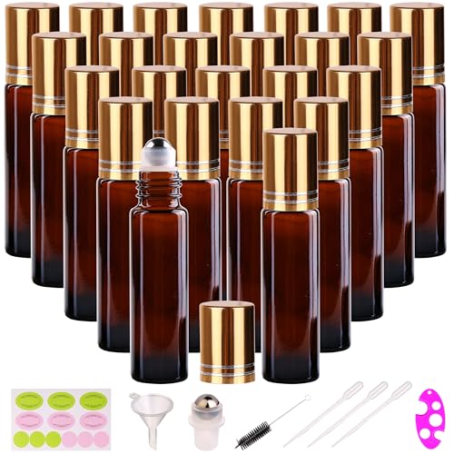 24 Roller Bottles - Amber Glass and Golden Metal Caps