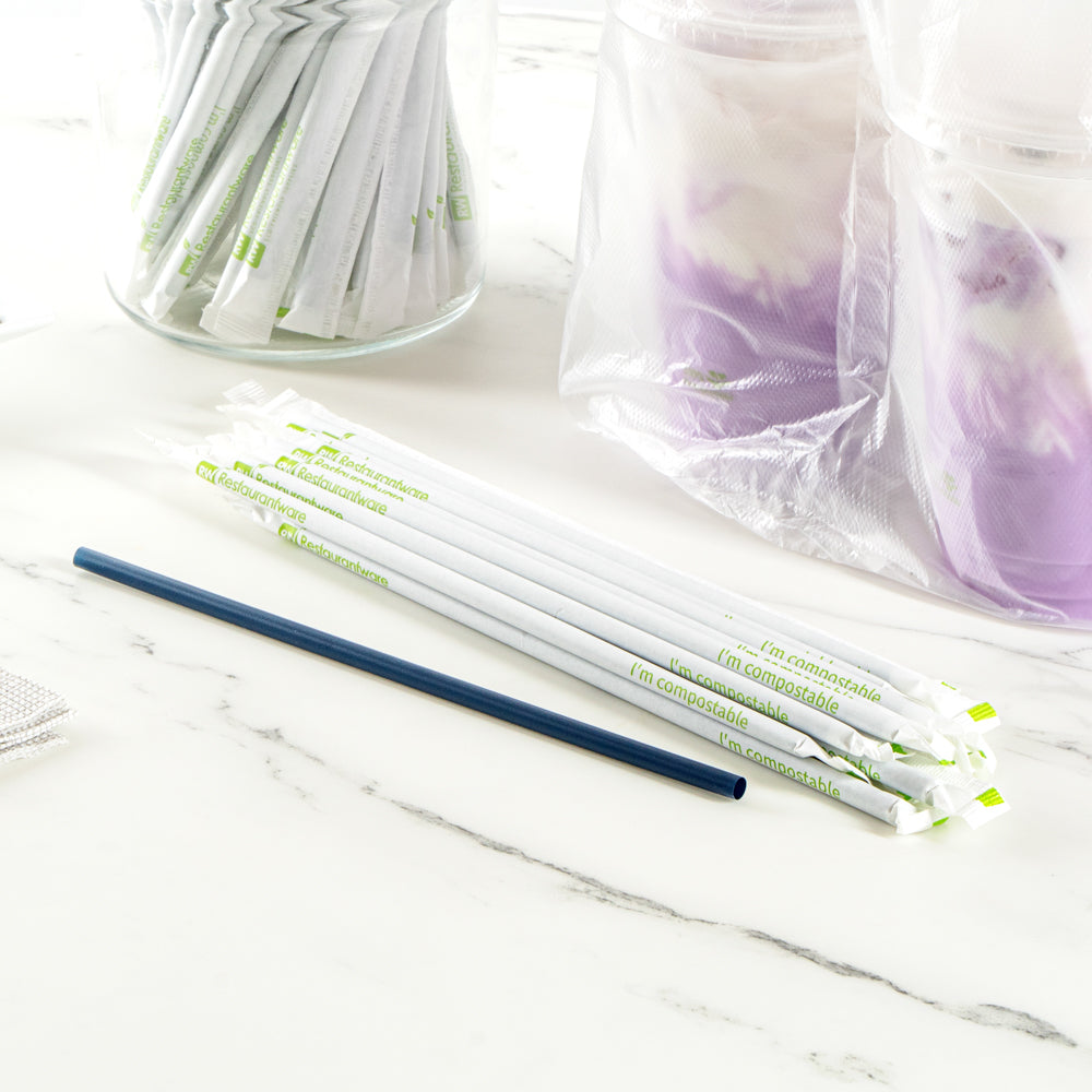 Eco-Friendly Compostable PLA/PBAT Plastic Straws - Midnight Blue, 8 1/4 Inch, 100 Count Box - Perfect for Restaurants, Cafes & Sustainable Parties