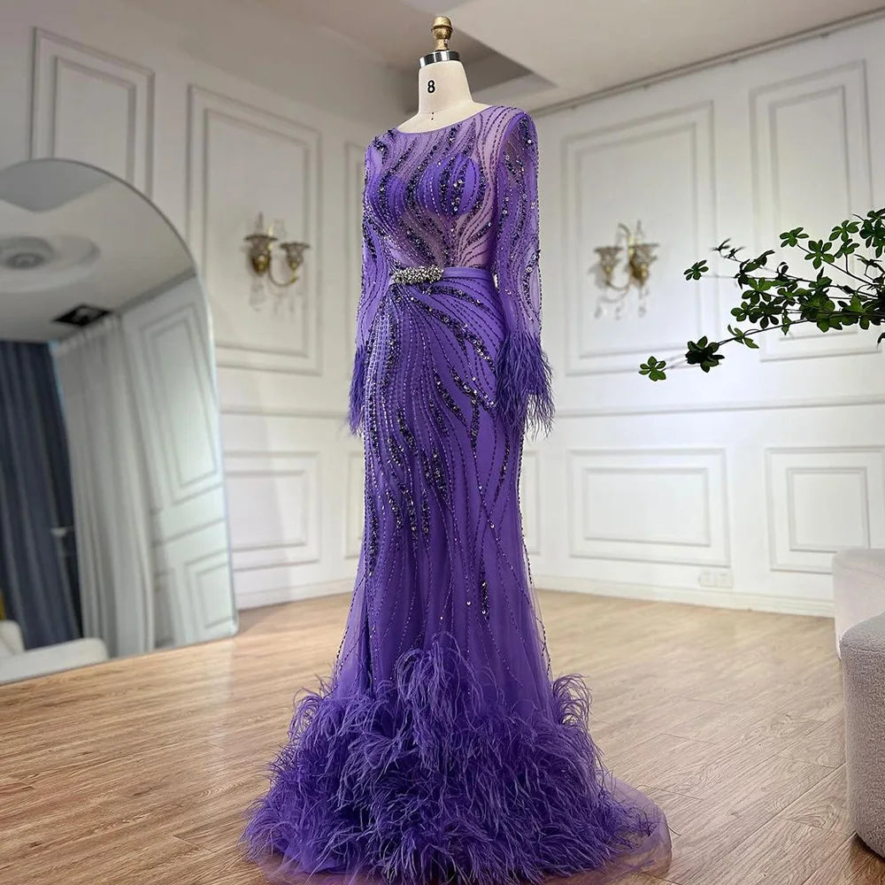 Elegant Mermaid Evening Dress with Beaded Feathers - Arabic Purple Luxury Gown for Women's Wedding, Prom, Gala & Special Occasions | LA72367