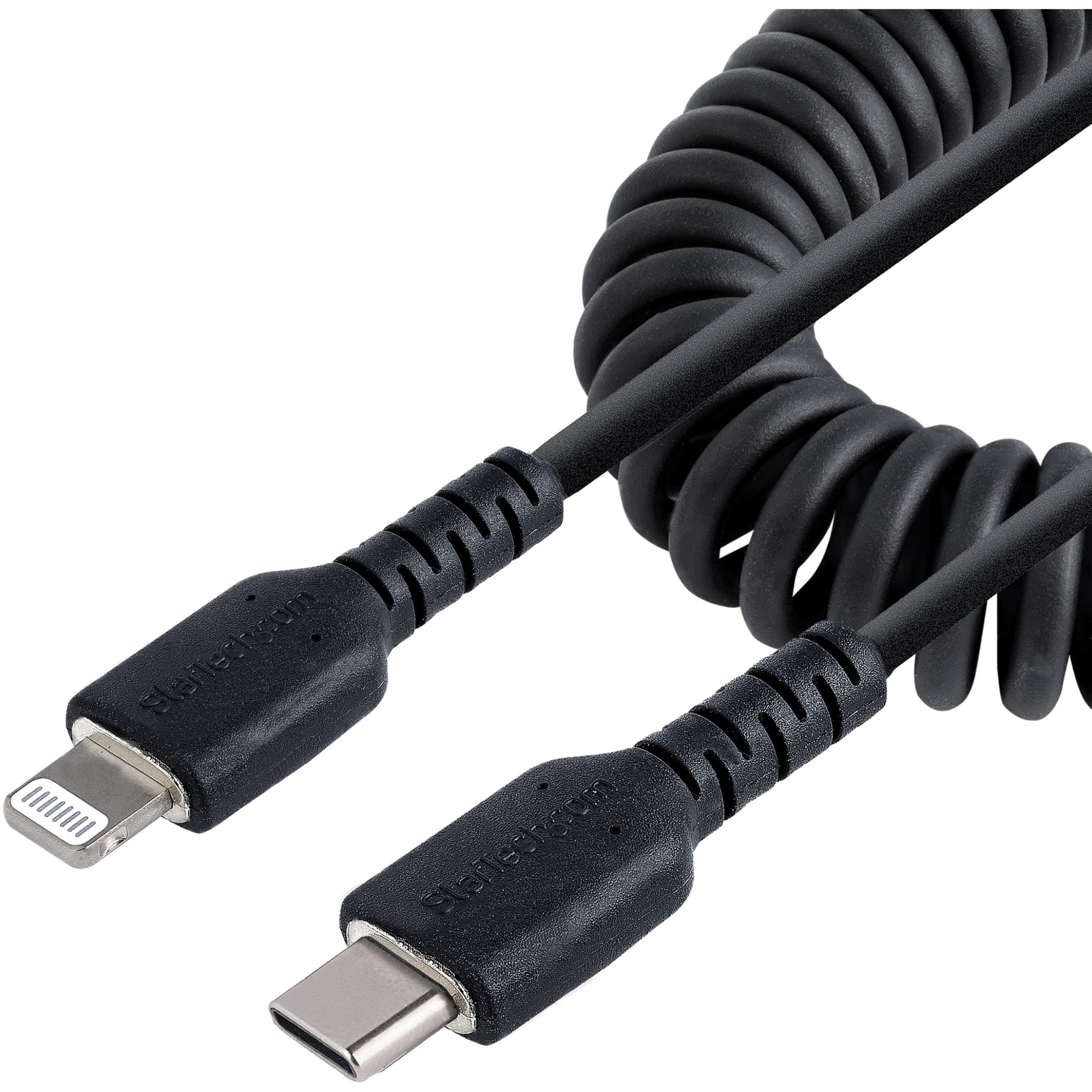StarTech.com 20in / 50cm USB C to Lightning Cable - MFi Certified iPhone Charger with Durable TPE Jacket & Aramid Fiber - Heavy Duty Coiled Charging Cable for iPhone (Black) - Perfect for Home, Office, and Travel Use