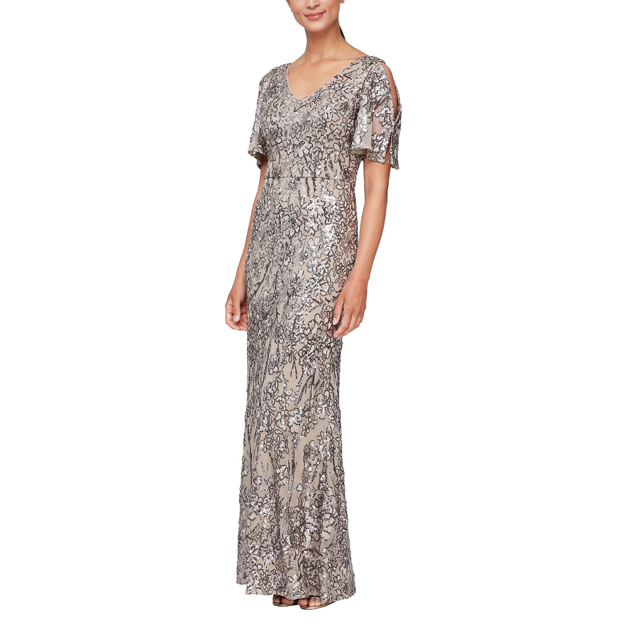 Alex Evenings Women's Long Sequin Mother of The Bride Dress with Cold Shoulder Flutter Sleeves - Petite & Regular Sizes - Perfect for Weddings, Formal Events & Special Occasions