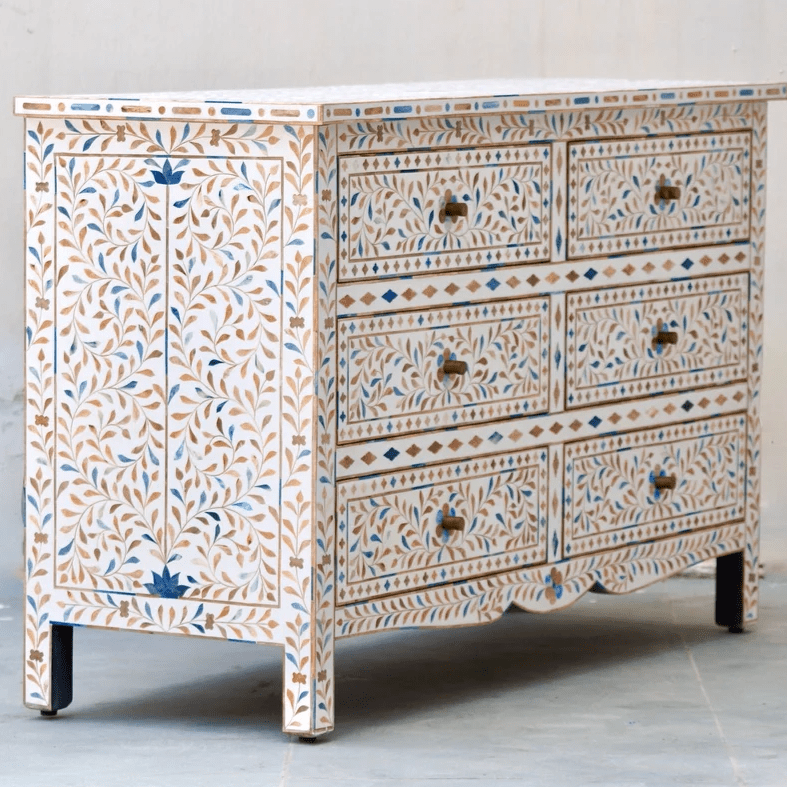 Handmade Bone Inlay Floral Design 6-Drawer Dresser - Indian Furniture for Bedroom Storage & Home Decor | Vintage Style Chest for Jewelry, Clothing & Bedroom Organization