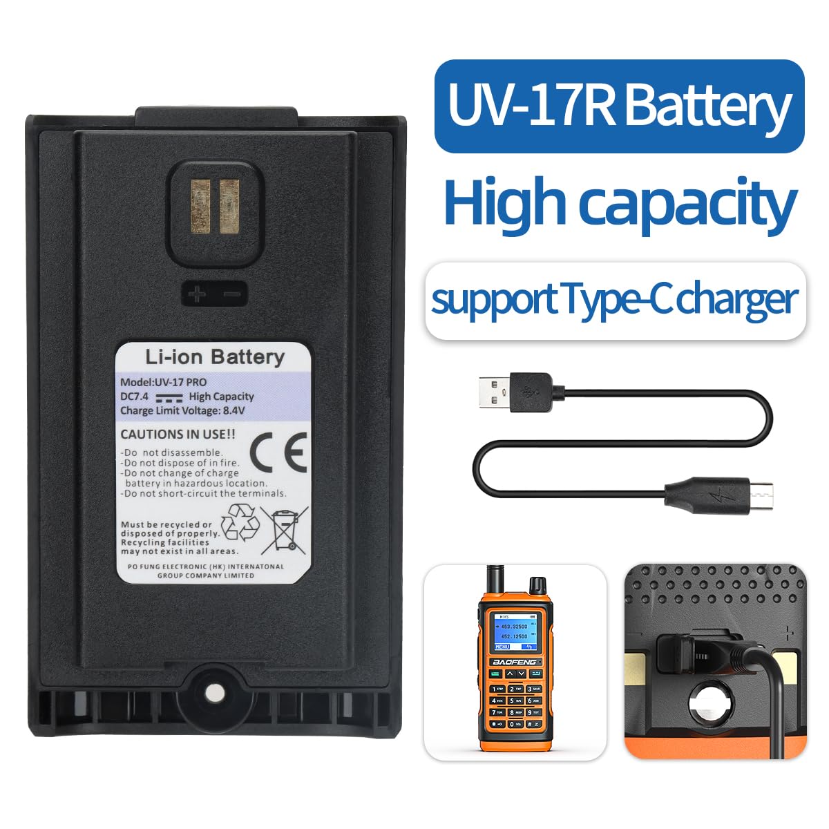 BAOFENG UV-17R 7.4V Li-ion Replacement Battery for UV-17 PRO V2 & UV-17R Walkie Talkies - Perfect for Outdoor Adventures, Construction Sites, and Emergency Communication