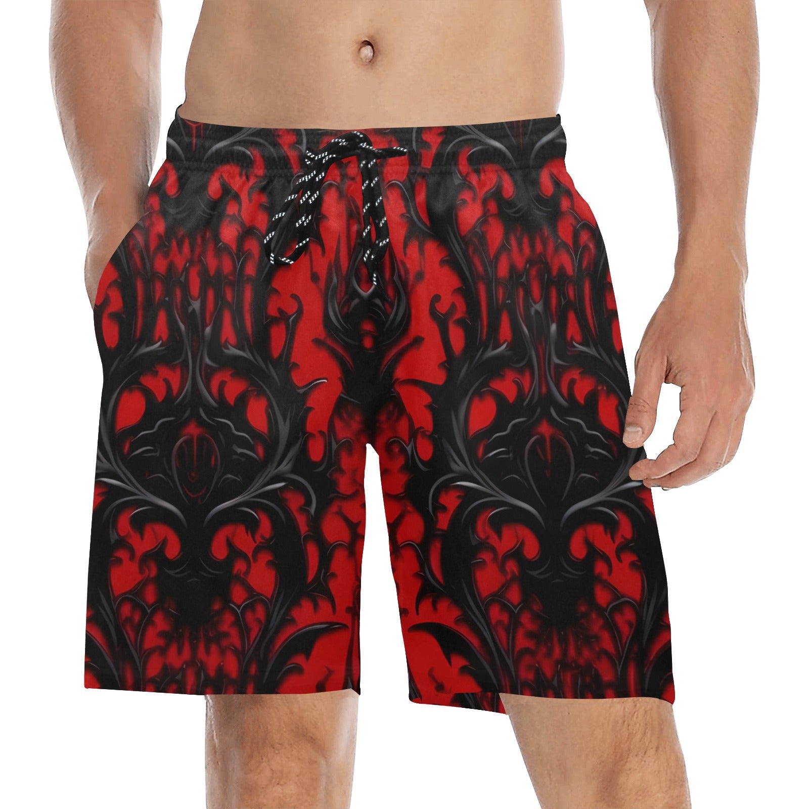 Gothic Red and Black Pattern Beach Shorts for Men & Women - Stylish Swimwear & Summer Vacation Outfit - Perfect for Pool Parties, Beach Trips, and Casual Wear