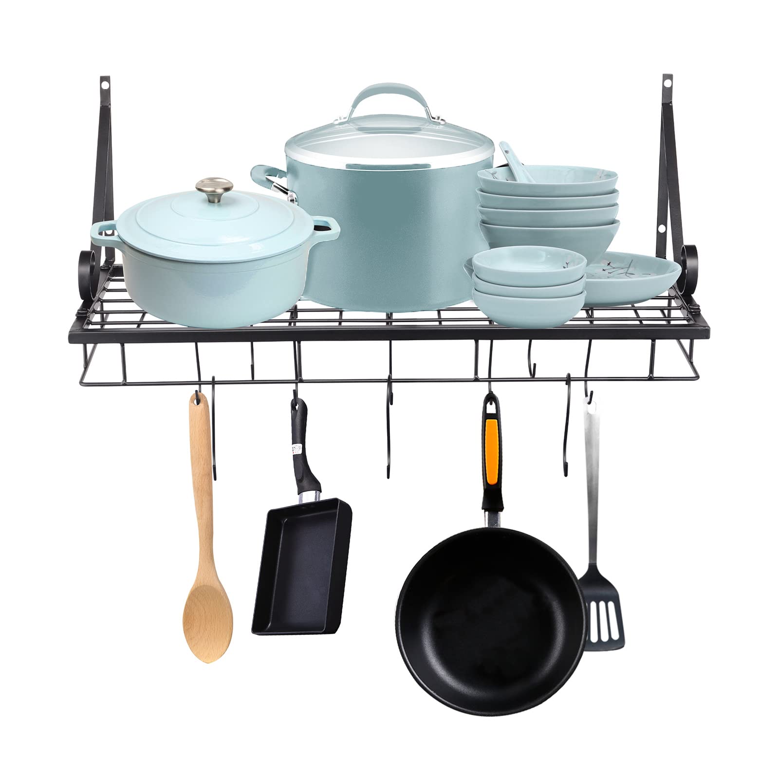 Sturdy Wall Mounted Hanging Pot Rack with 10 Hooks - 25x10 Inch Kitchen Organizer for Pans, Utensils & Cookware - Space Saving Storage Solution for Kitchen & Bathroom - Perfect for Small Spaces & Clutter-Free Cooking (Includes 2 DIY Installation Methods)