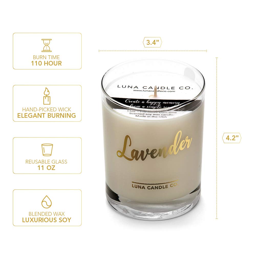 Premium Soy Wax Lavender Scented Candle - 11oz Glass Jar, 110 Hours Burn Time, Low Smoke, Handmade in USA | Aromatherapy, Stress Relief & Home Decor for Bedroom, Bathroom, Yoga & Meditation Spaces