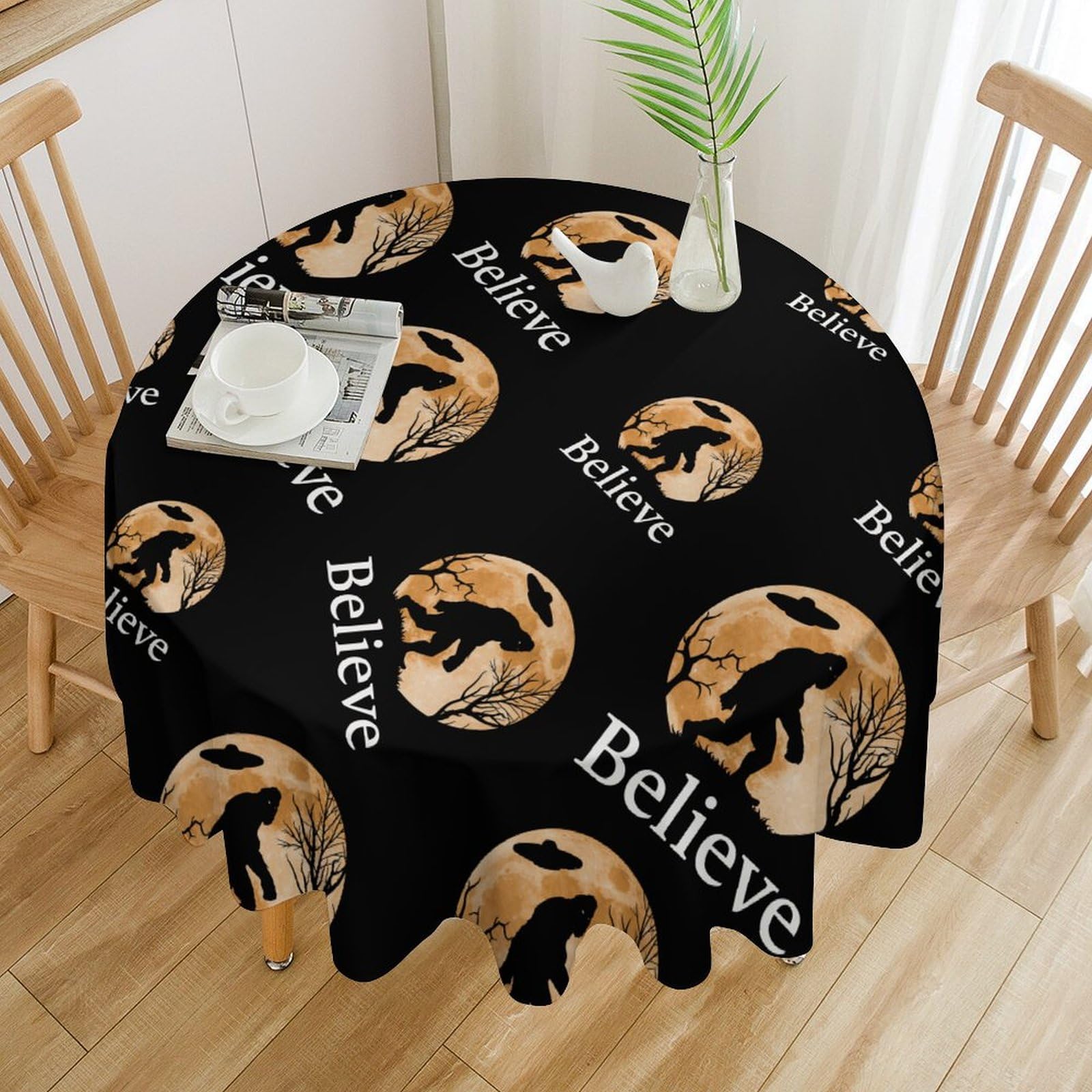 Bigfoot Believe Round Washable Tablecloth 50x50 Inch - Decorative Dining Table Cover for Wedding, Party & Everyday Use | Waterproof & Stain Resistant Fabric for Indoor/Outdoor Gatherings