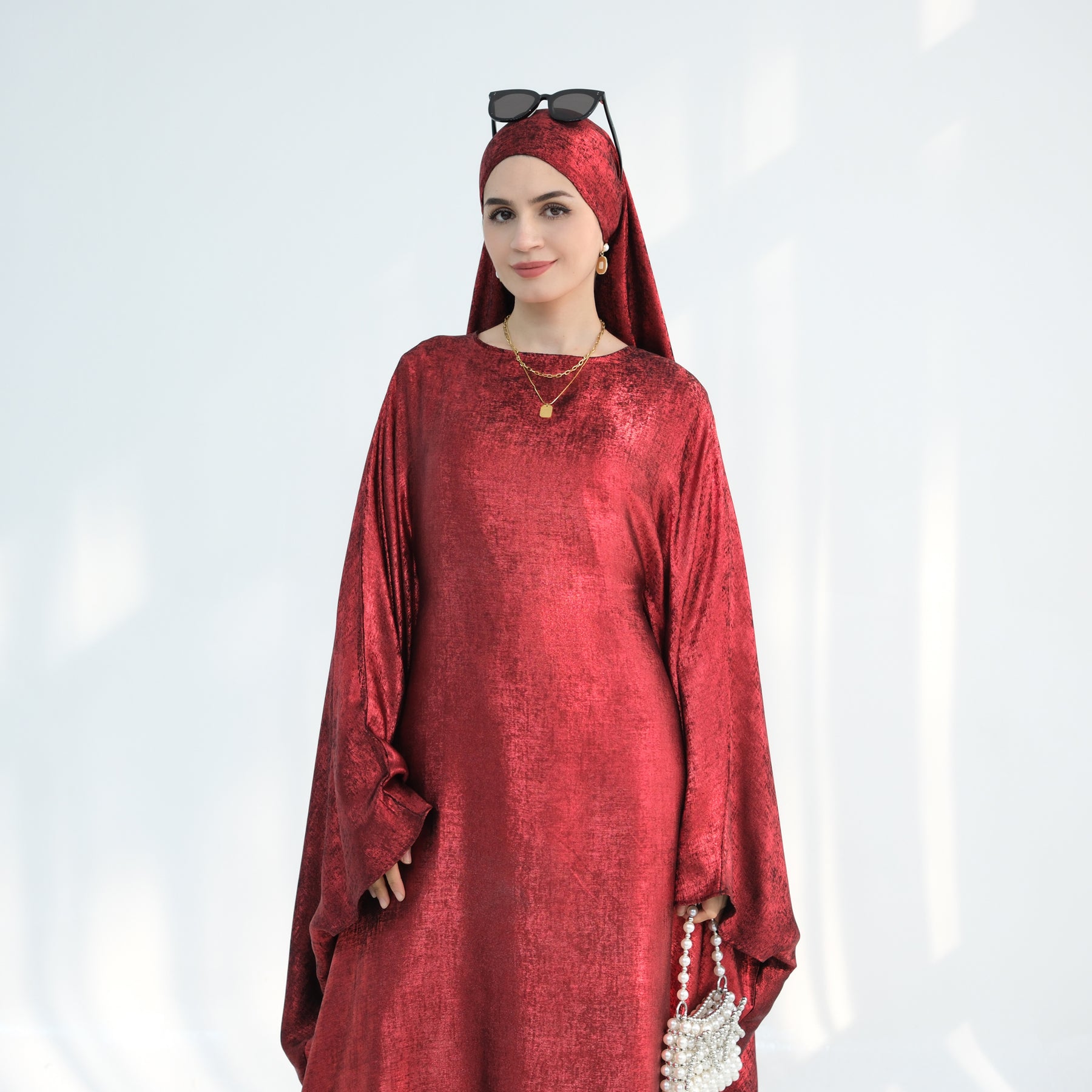 Linora Shimmer Butterfly Abaya - Elegant Ruby Embroidered Islamic Dress for Women | Perfect for Eid, Wedding & Special Occasions