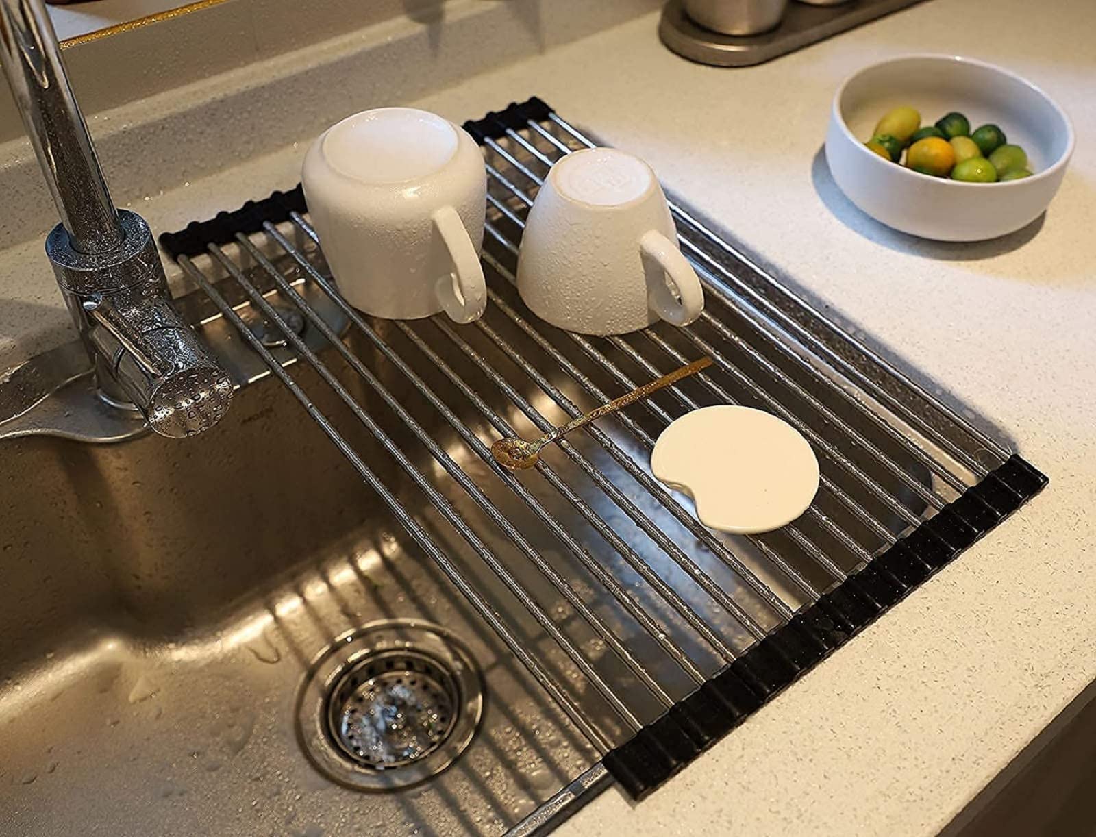 Portable Stainless Steel Roll Up Dish Drying Rack - Over The Sink Space Saving Kitchen Organizer (17.7