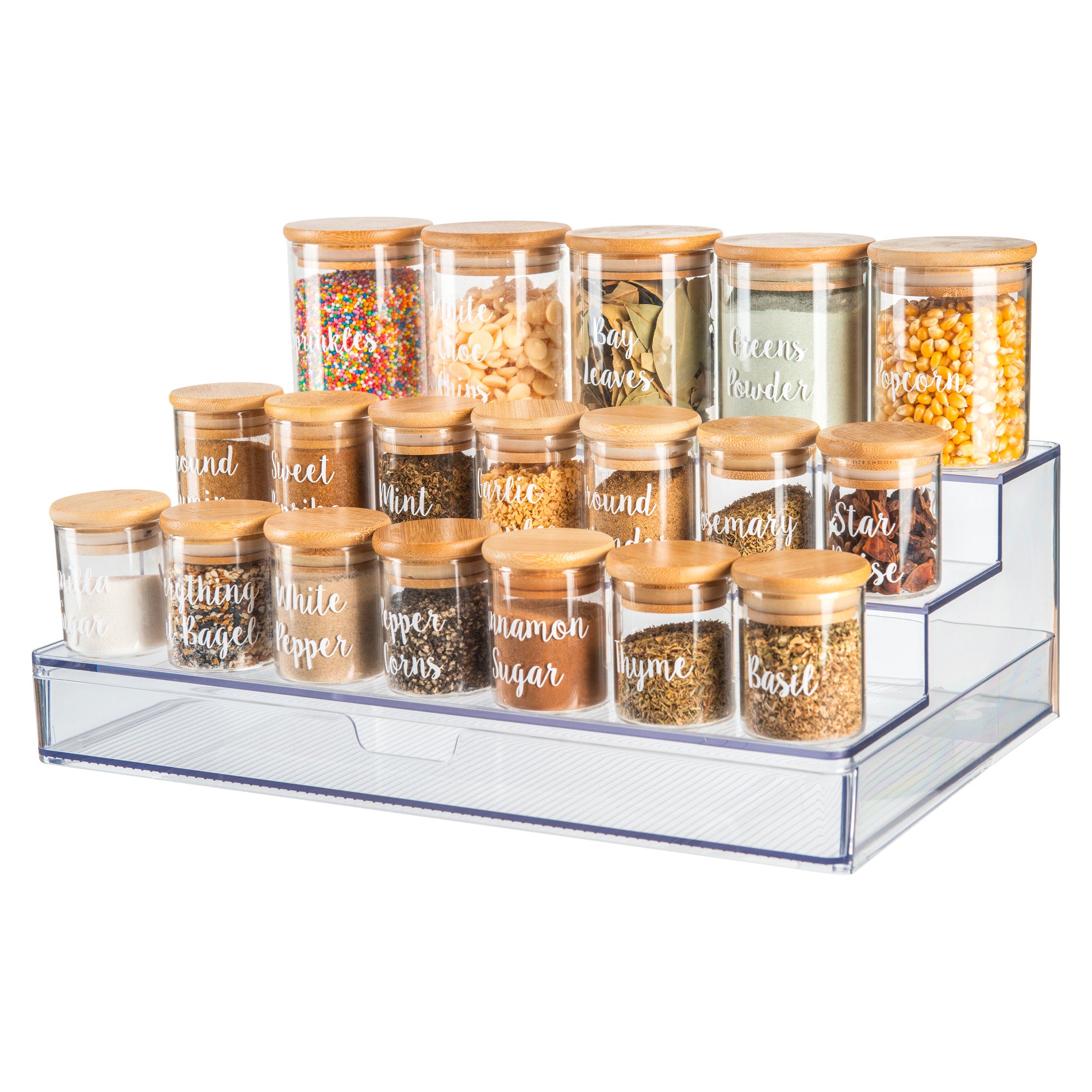 Clear Acrylic Herb & Spice Shelf with Drawer - 12 Jar Organizer for Kitchen Countertop, Pantry or Spice Rack Storage - Perfect for Organizing Cooking Ingredients, Tea Bags and Small Bottles