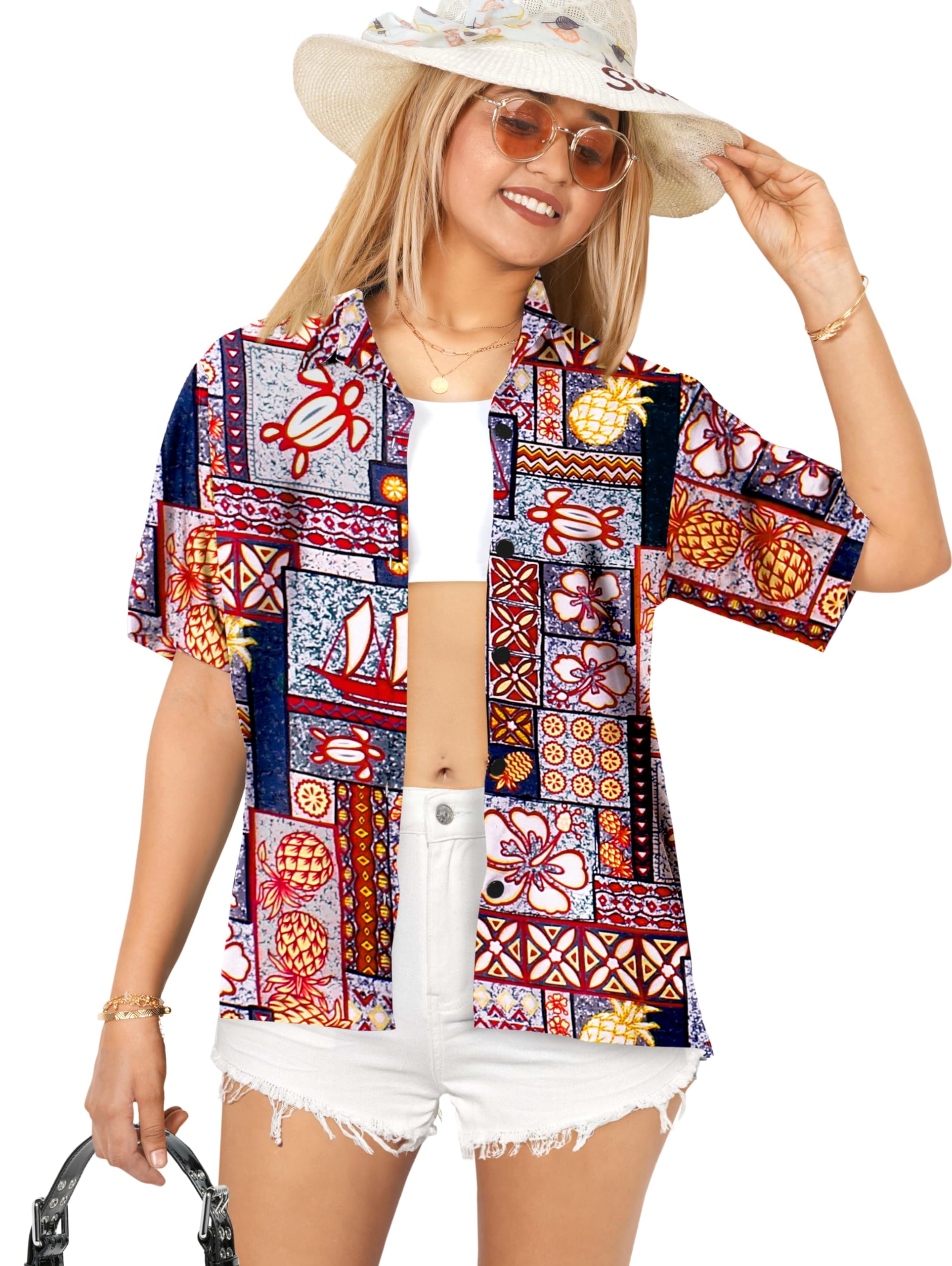 LA LEELA Women's Hawaiian Short Sleeve Blouse - Floral Beach Shirt for Summer Vacation, Pool Party & Tropical Getaway