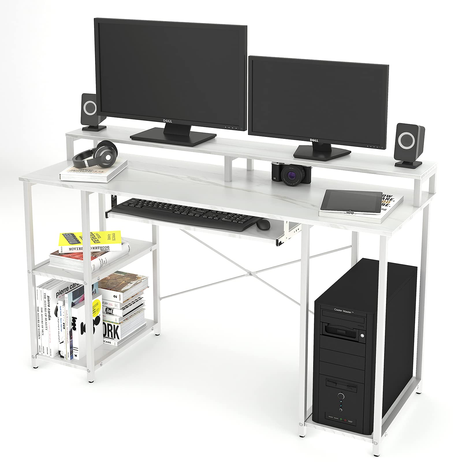 TOPSKY 54 Inch White Marble Computer Desk with Storage Shelves & Keyboard Tray - Home Office Study Desk with Monitor Stand, Ergonomic Workstation for Small Spaces (54x19 Inches) - Perfect for Remote Work, Gaming & Online Learning