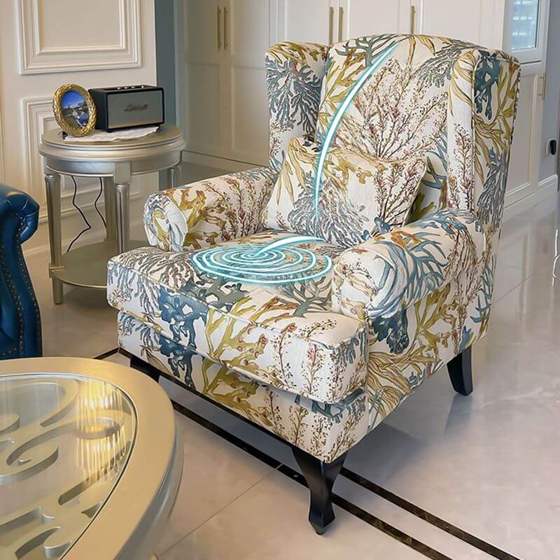 Tropical Yellow Blue Floral Toile Pattern Foam Accent Chair with Fixed Back, Arms and Pillow - Perfect for Living Room, Bedroom or Office Decor