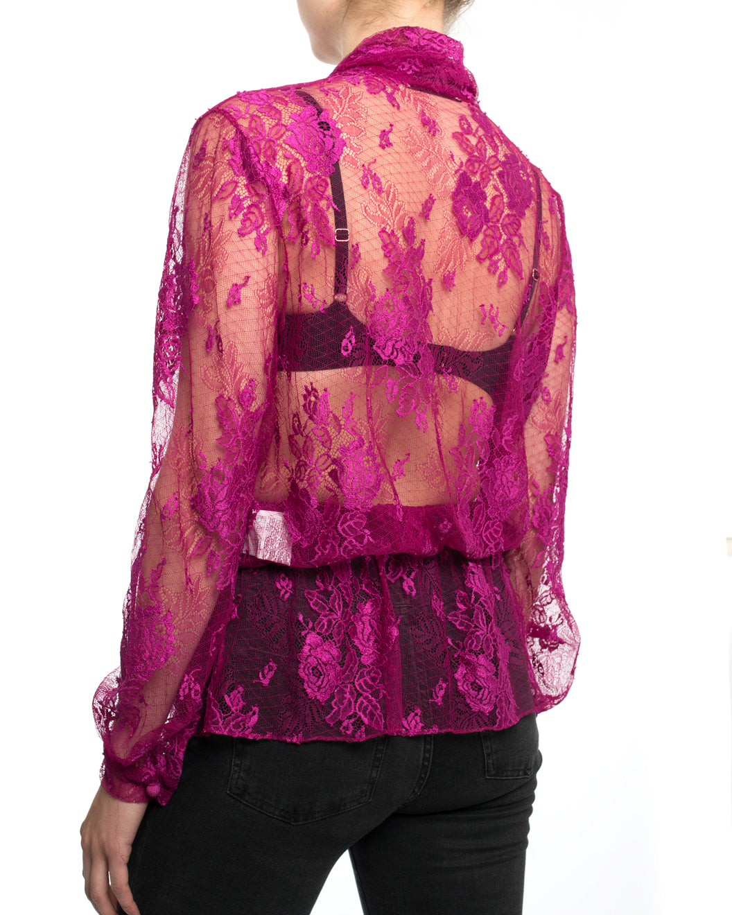 Balenciaga Pre Fall 2017 Fuchsia Lace Blouse with Neck Ties - Women's Fashion Blouse for Party, Wedding & Special Occasions