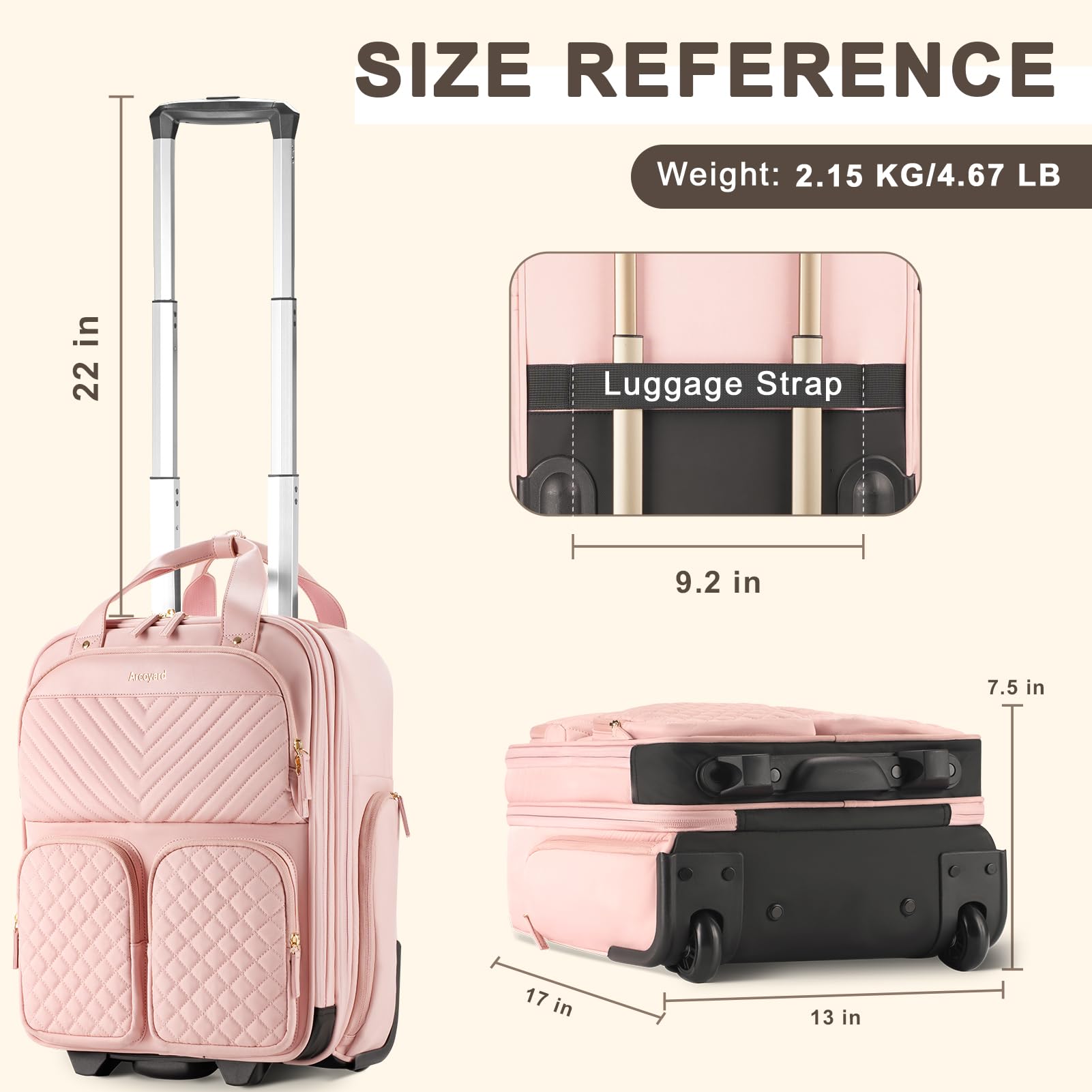 Lightweight Underseat Carry-On Luggage with Wheels - Airline Approved Personal Item Bag with Multiple Compartments, Rolling Suitcase for Women (Pink) - Perfect for Business Trips, Weekend Getaways & Air Travel