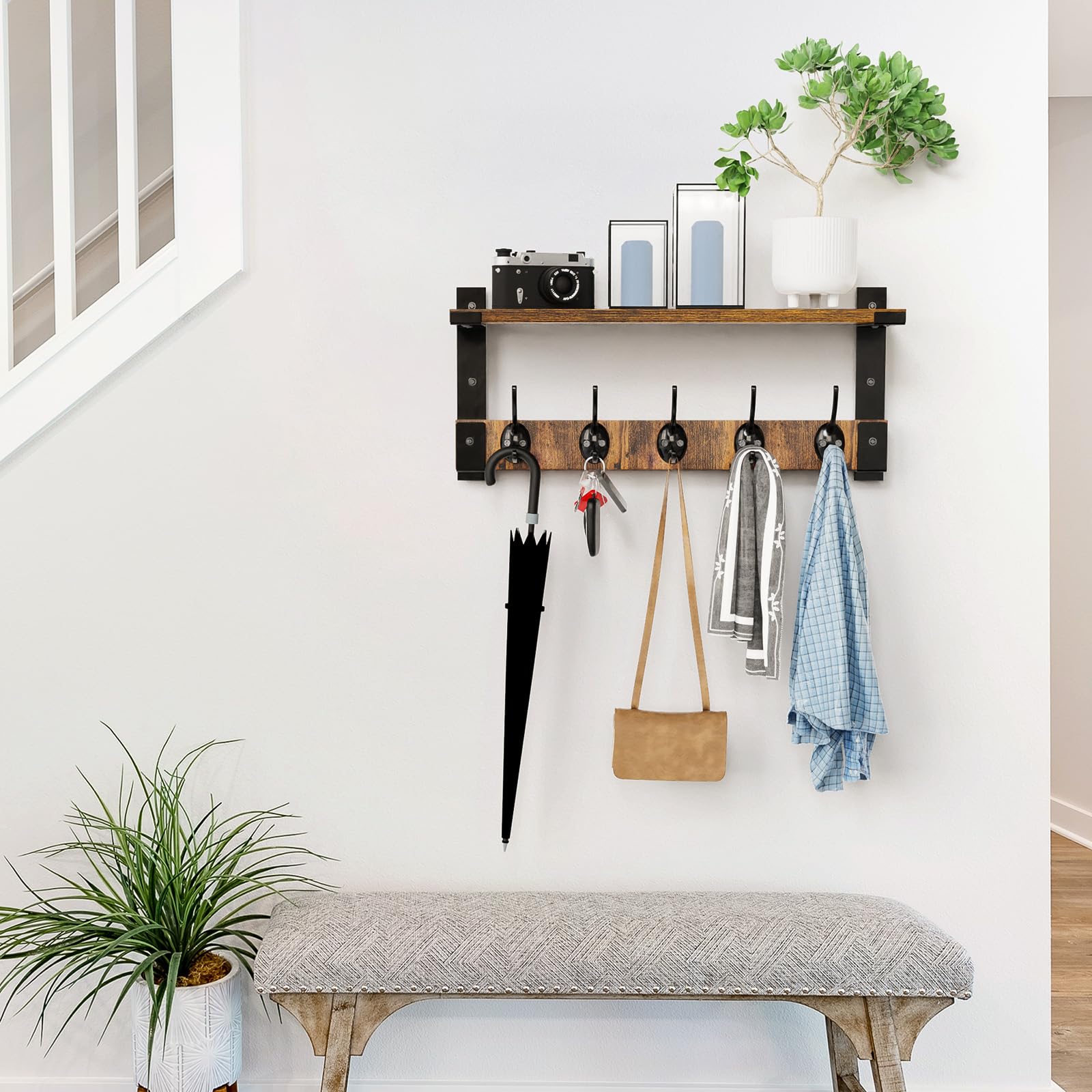 Wall Mounted Coat Rack with Shelf - Space Saving Entryway Organizer for Coats, Backpacks, Keys & Clothes - Floating Wall Shelf Hanger for Living Room, Bathroom, Bedroom & Kitchen Decor